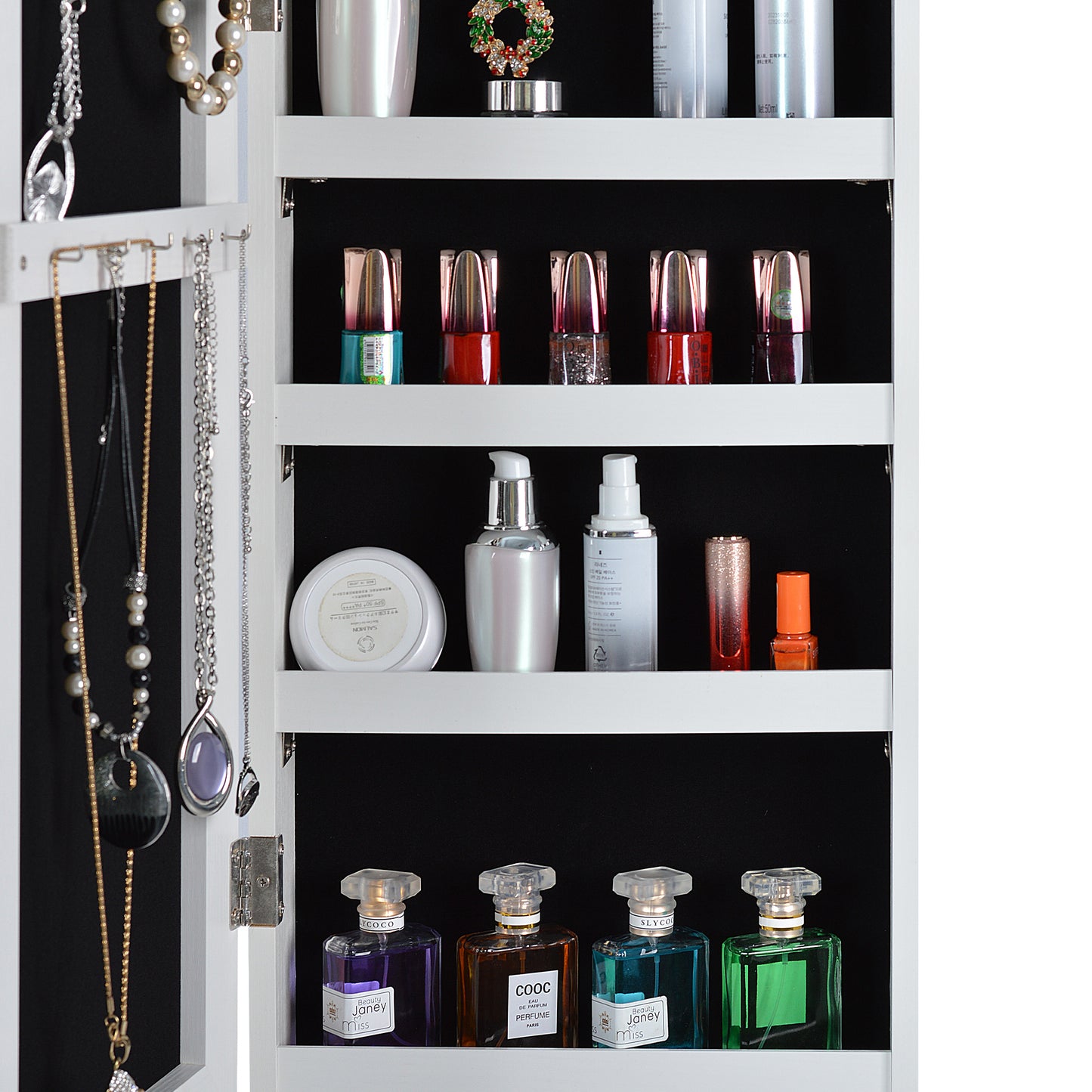 Full Body Mirror and Jewelry Case Storage Cabinet with LED Light- White_9