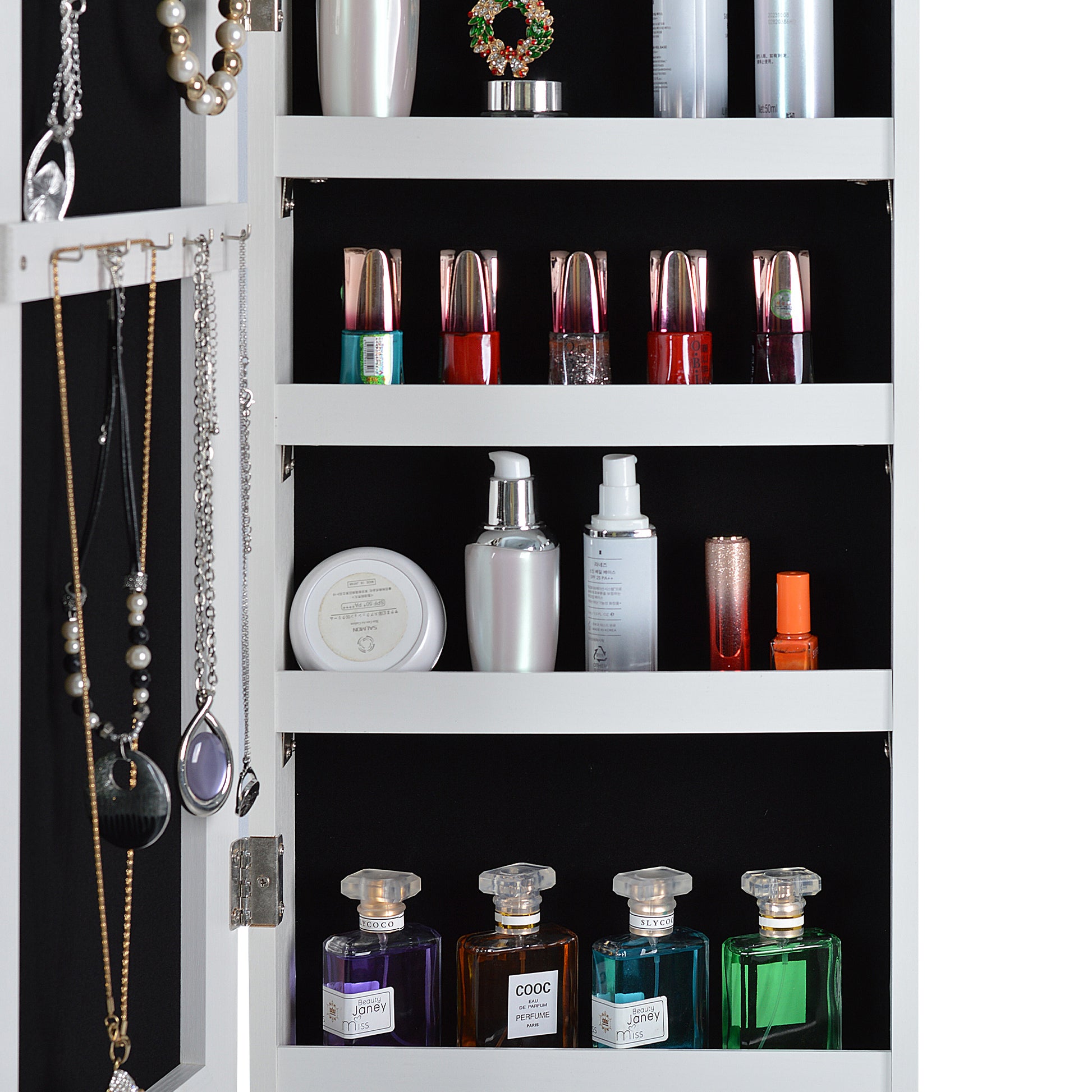Full Body Mirror and Jewelry Case Storage Cabinet with LED Light- White_9