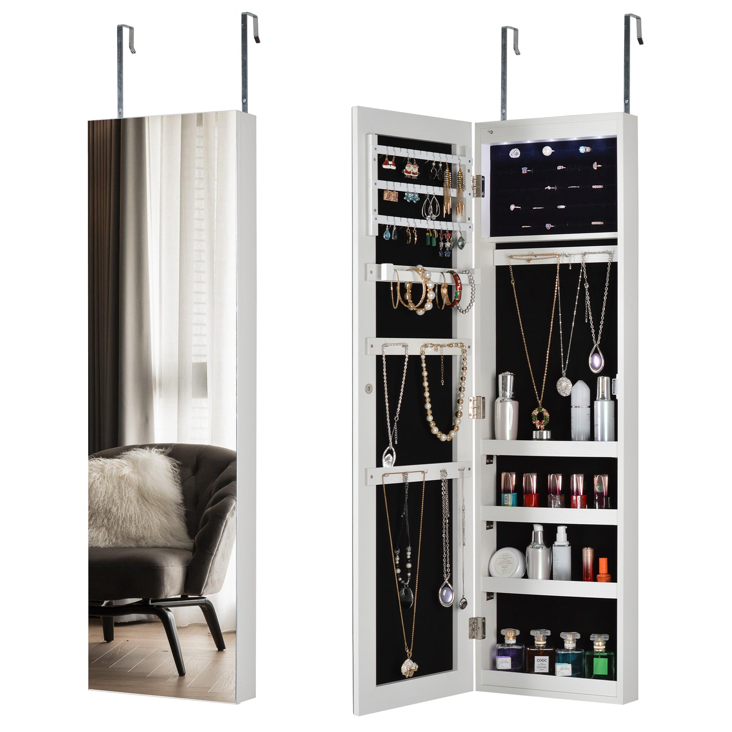 Full Body Mirror and Jewelry Case Storage Cabinet with LED Light- White_5