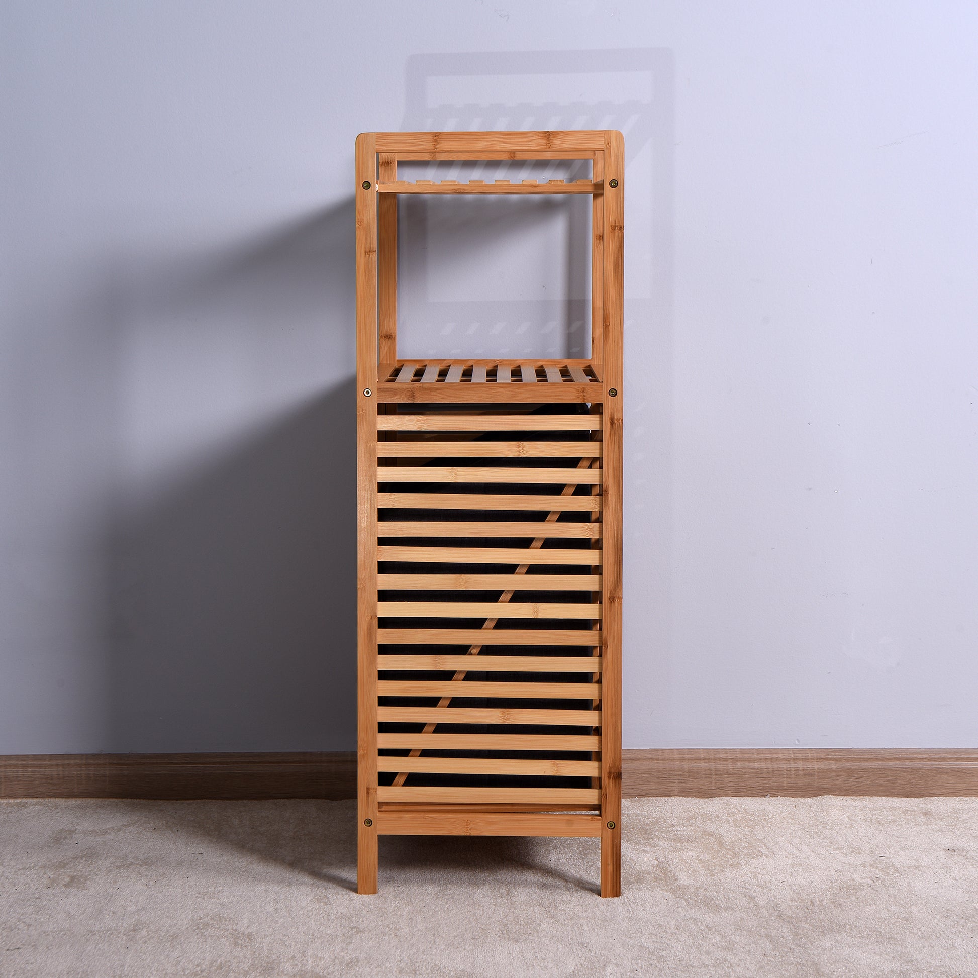 Natural Wooden Organizer  Bamboo Laundry Storage Basket with 2 Tier Shelf_7