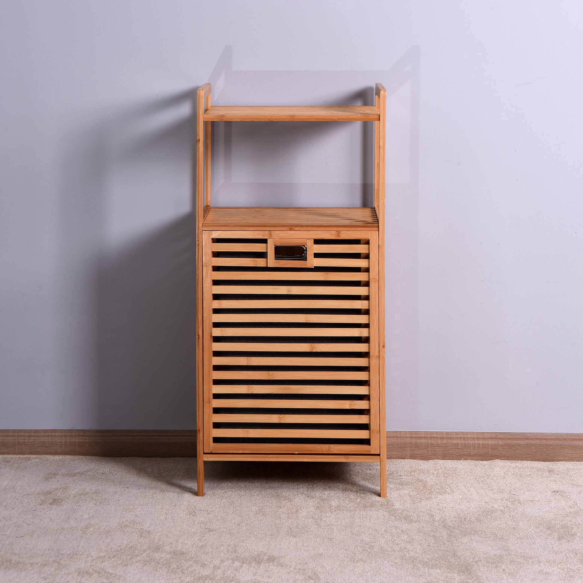 Natural Wooden Organizer  Bamboo Laundry Storage Basket with 2 Tier Shelf_4