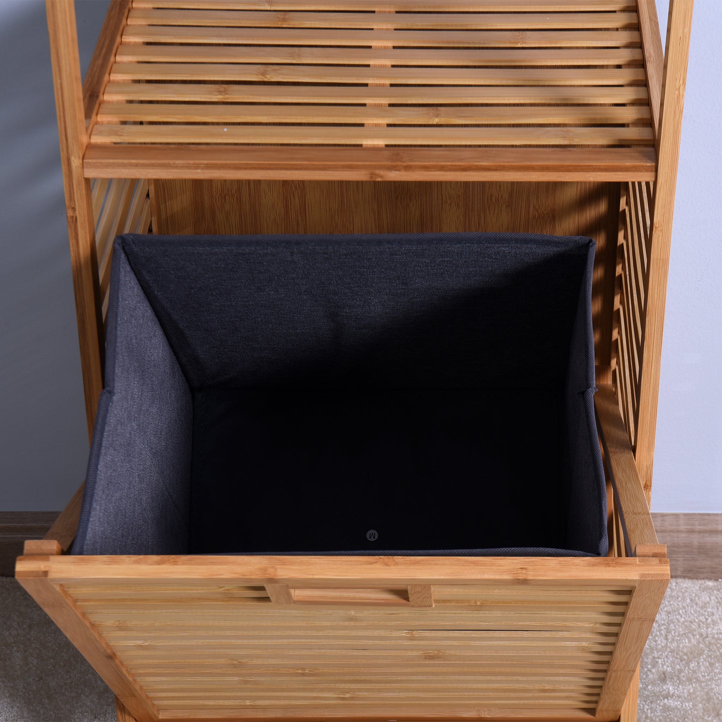 Natural Wooden Organizer  Bamboo Laundry Storage Basket with 2 Tier Shelf_10