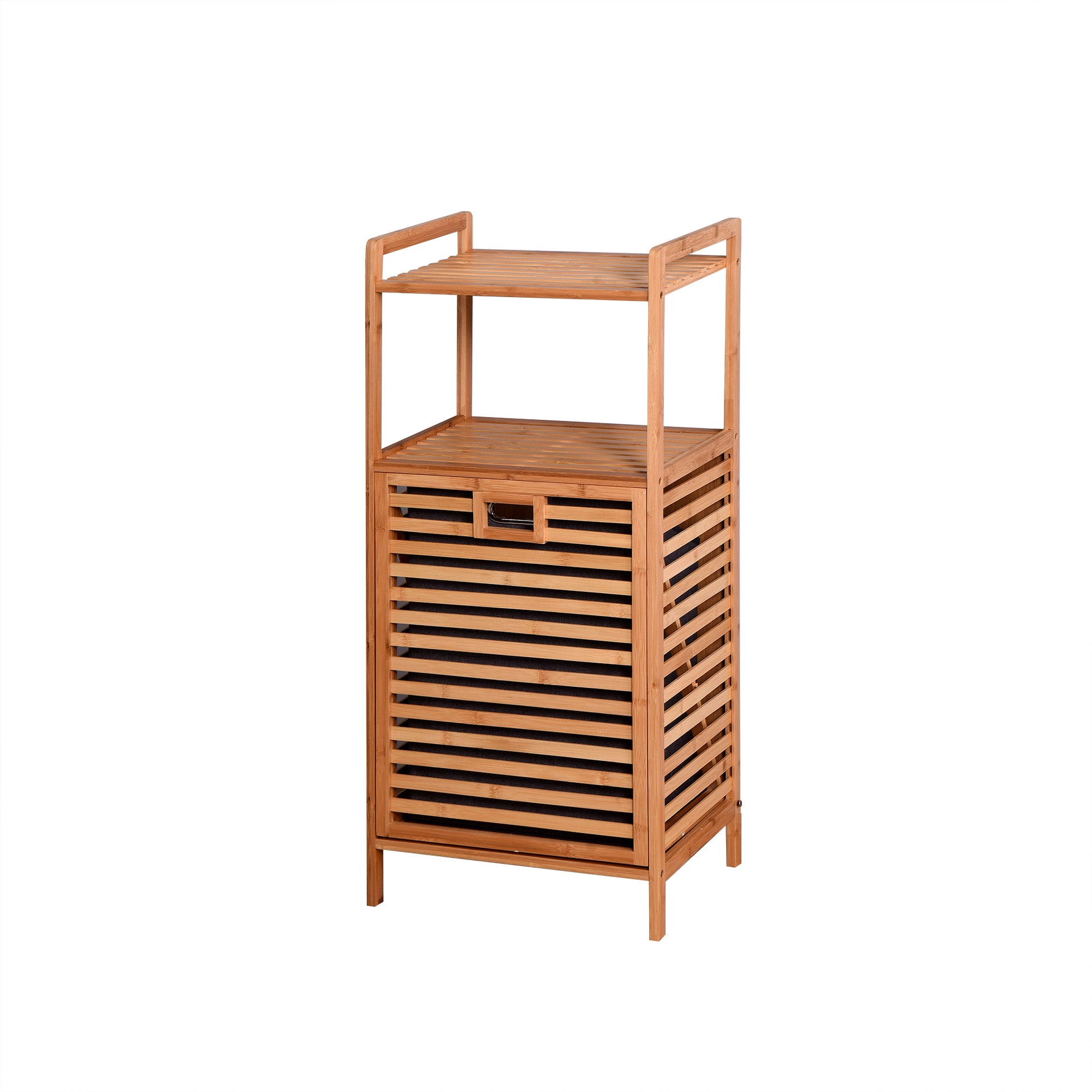 Natural Wooden Organizer  Bamboo Laundry Storage Basket with 2 Tier Shelf_2
