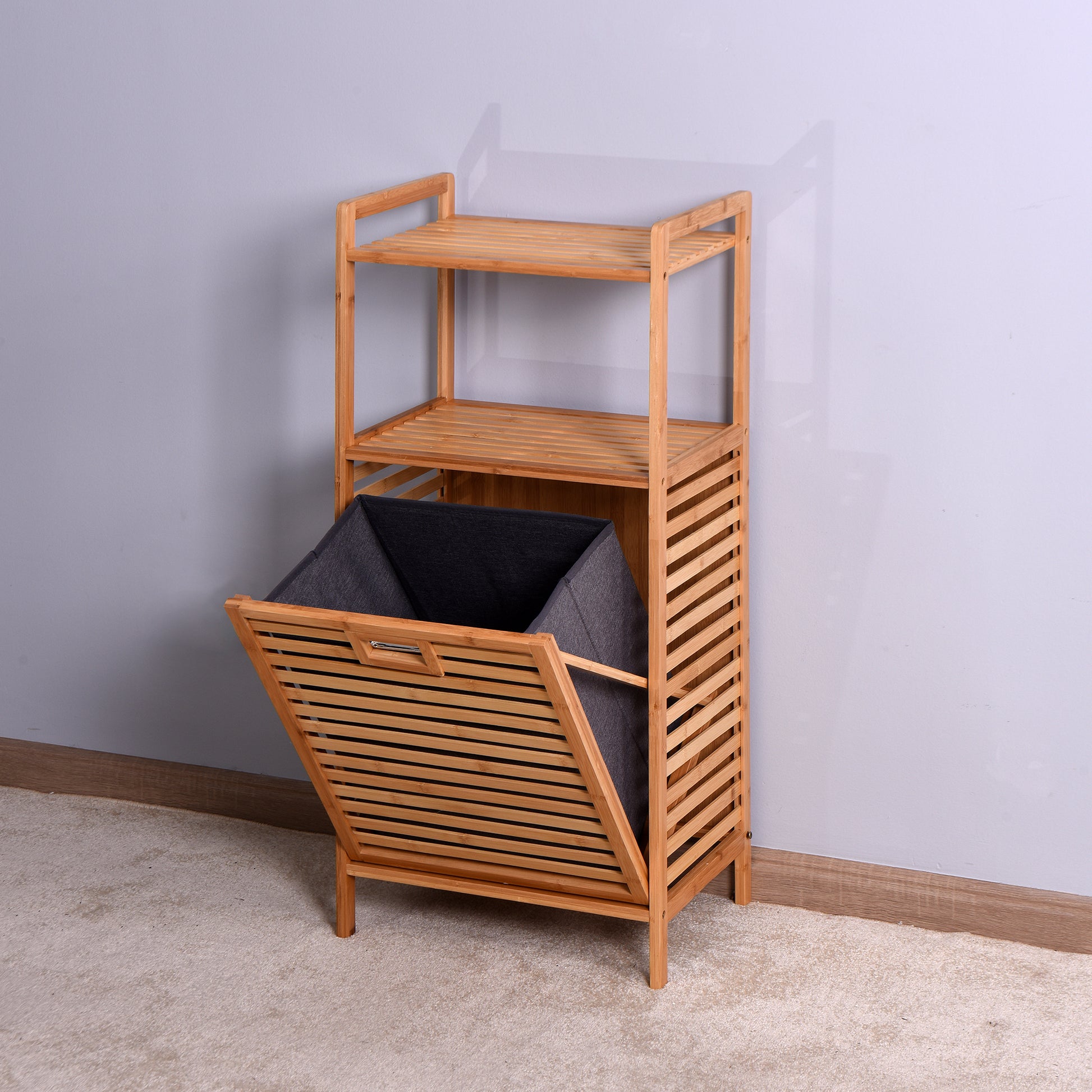Natural Wooden Organizer  Bamboo Laundry Storage Basket with 2 Tier Shelf_12