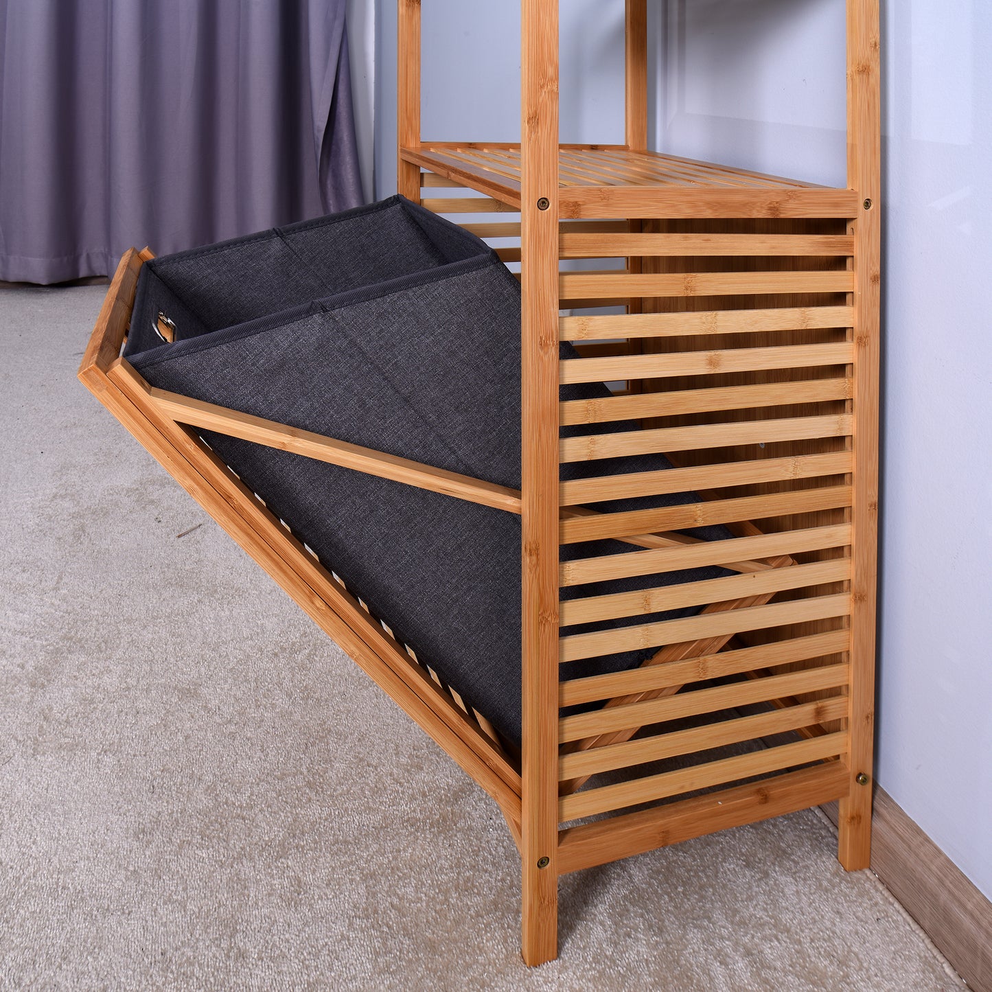 Natural Wooden Organizer  Bamboo Laundry Storage Basket with 2 Tier Shelf_11