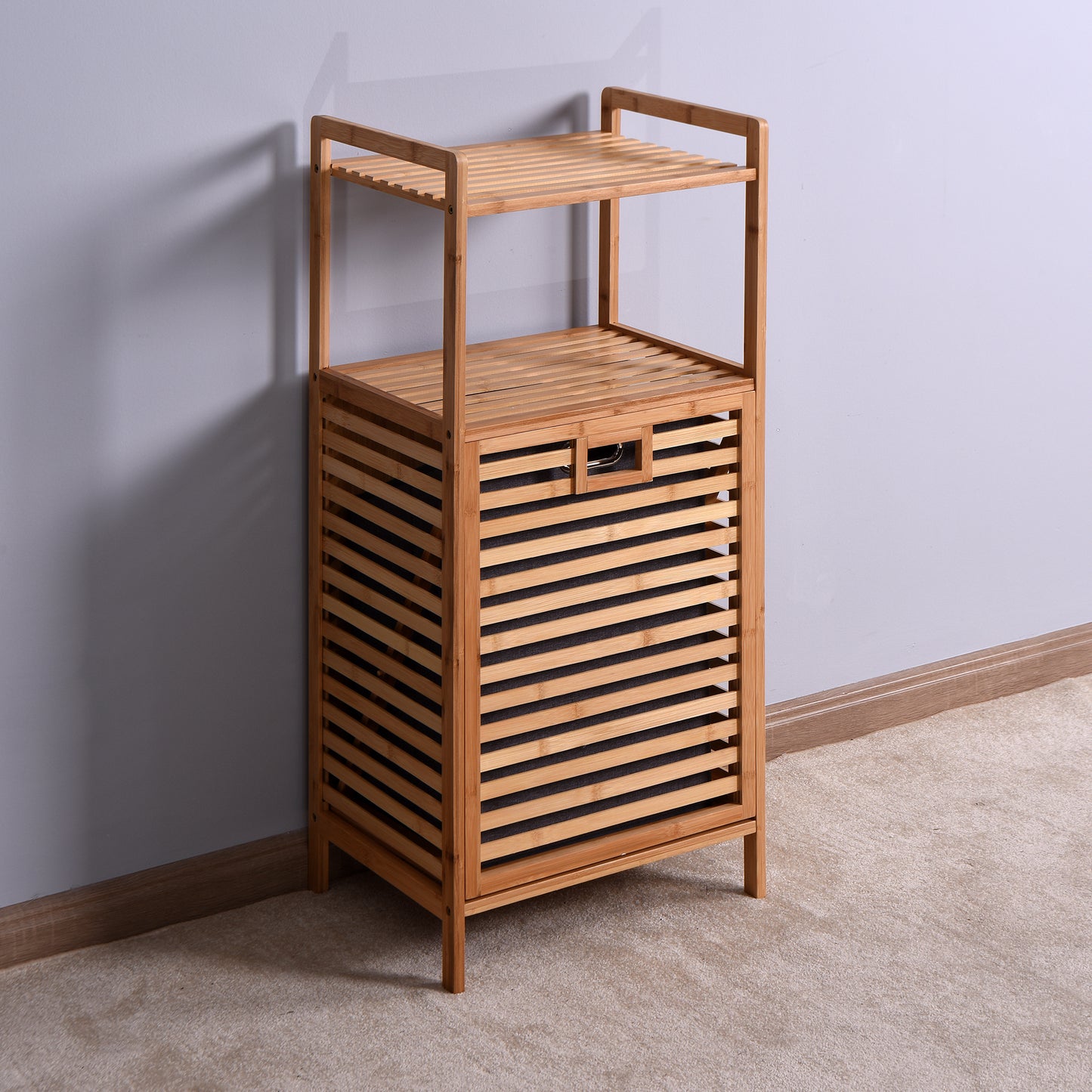 Natural Wooden Organizer  Bamboo Laundry Storage Basket with 2 Tier Shelf_5