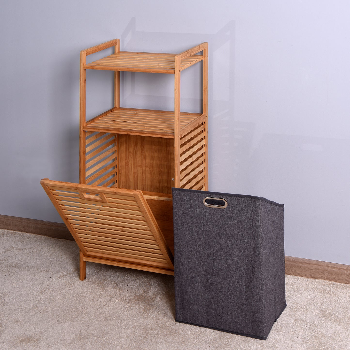 Natural Wooden Organizer  Bamboo Laundry Storage Basket with 2 Tier Shelf_17