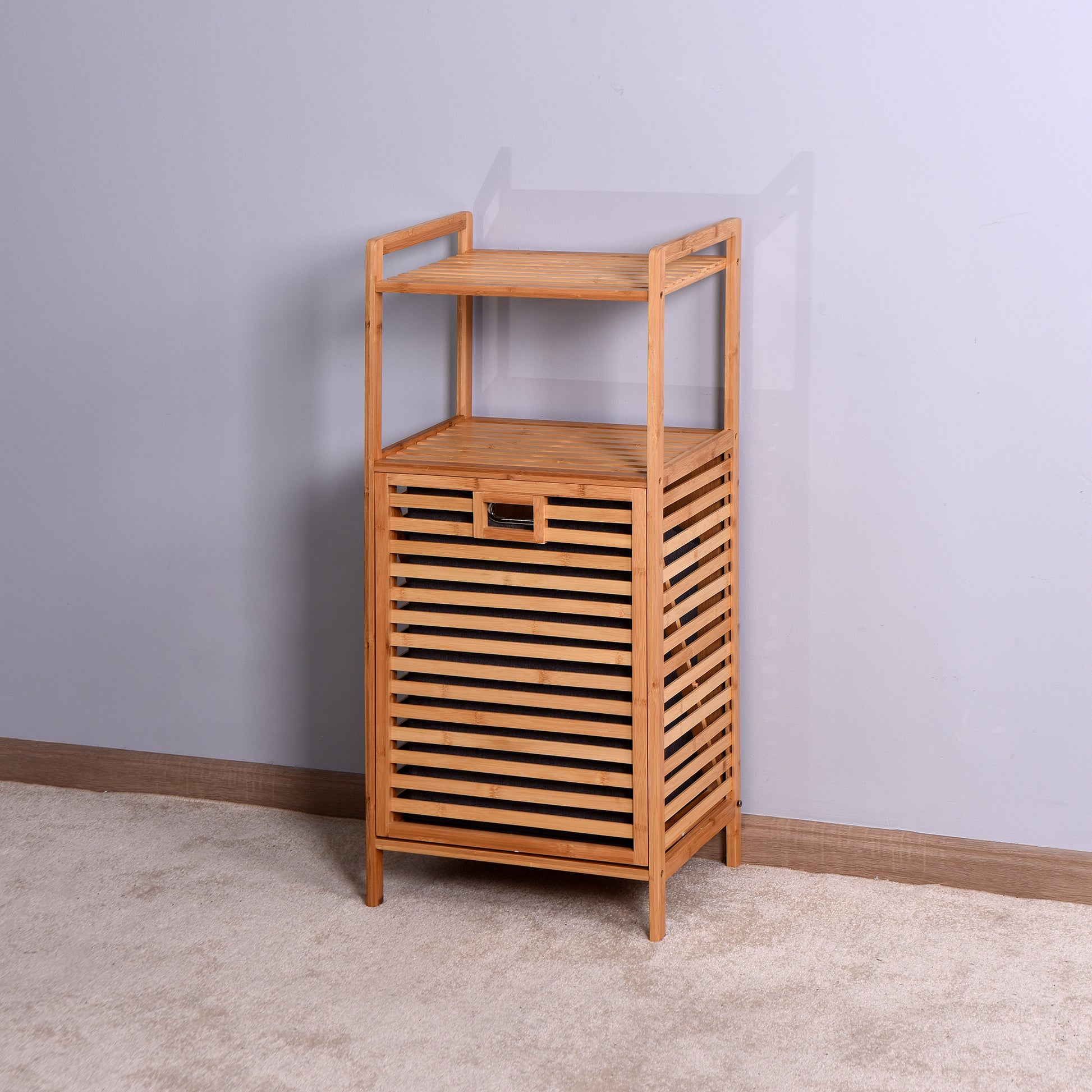 Natural Wooden Organizer  Bamboo Laundry Storage Basket with 2 Tier Shelf_8