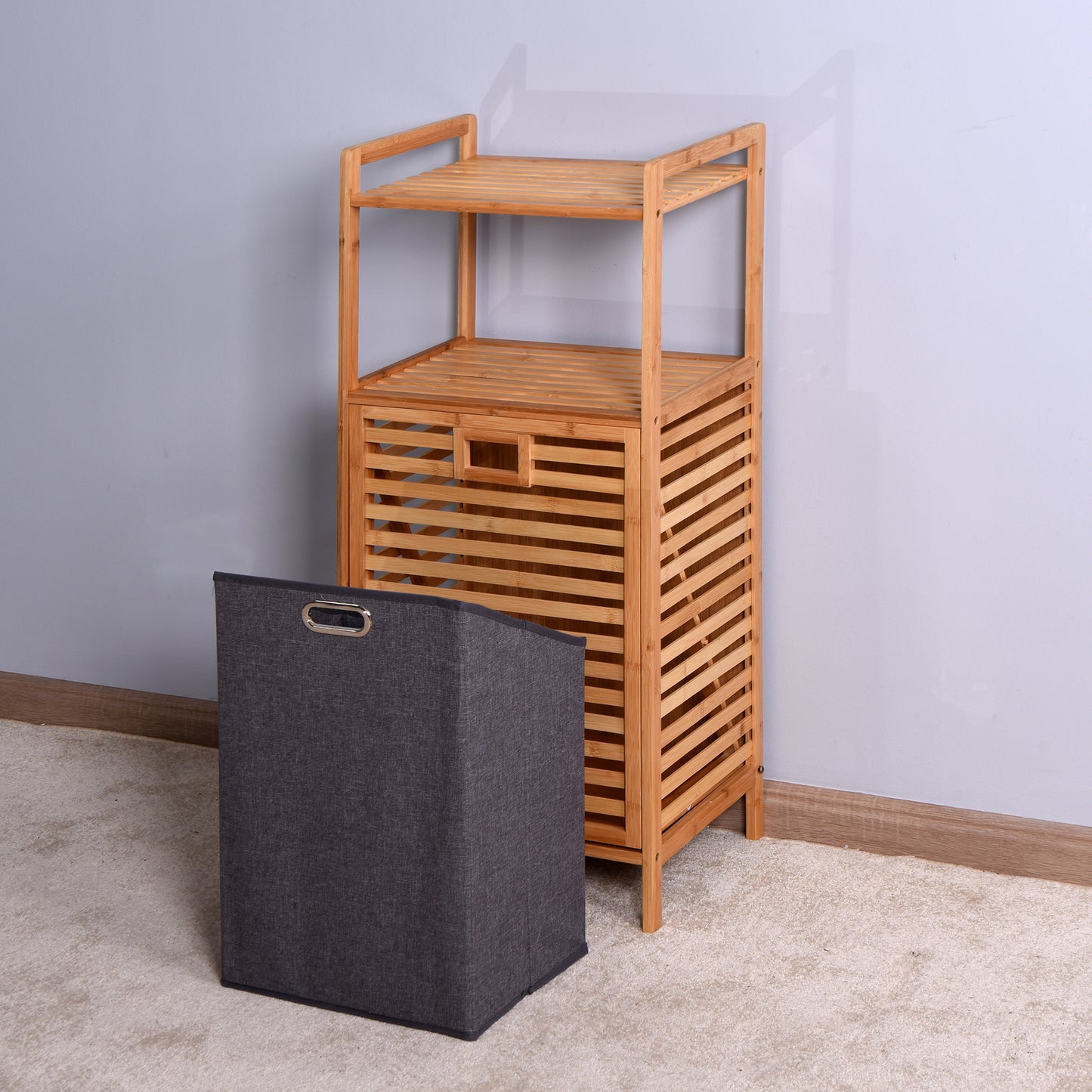 Natural Wooden Organizer  Bamboo Laundry Storage Basket with 2 Tier Shelf_16