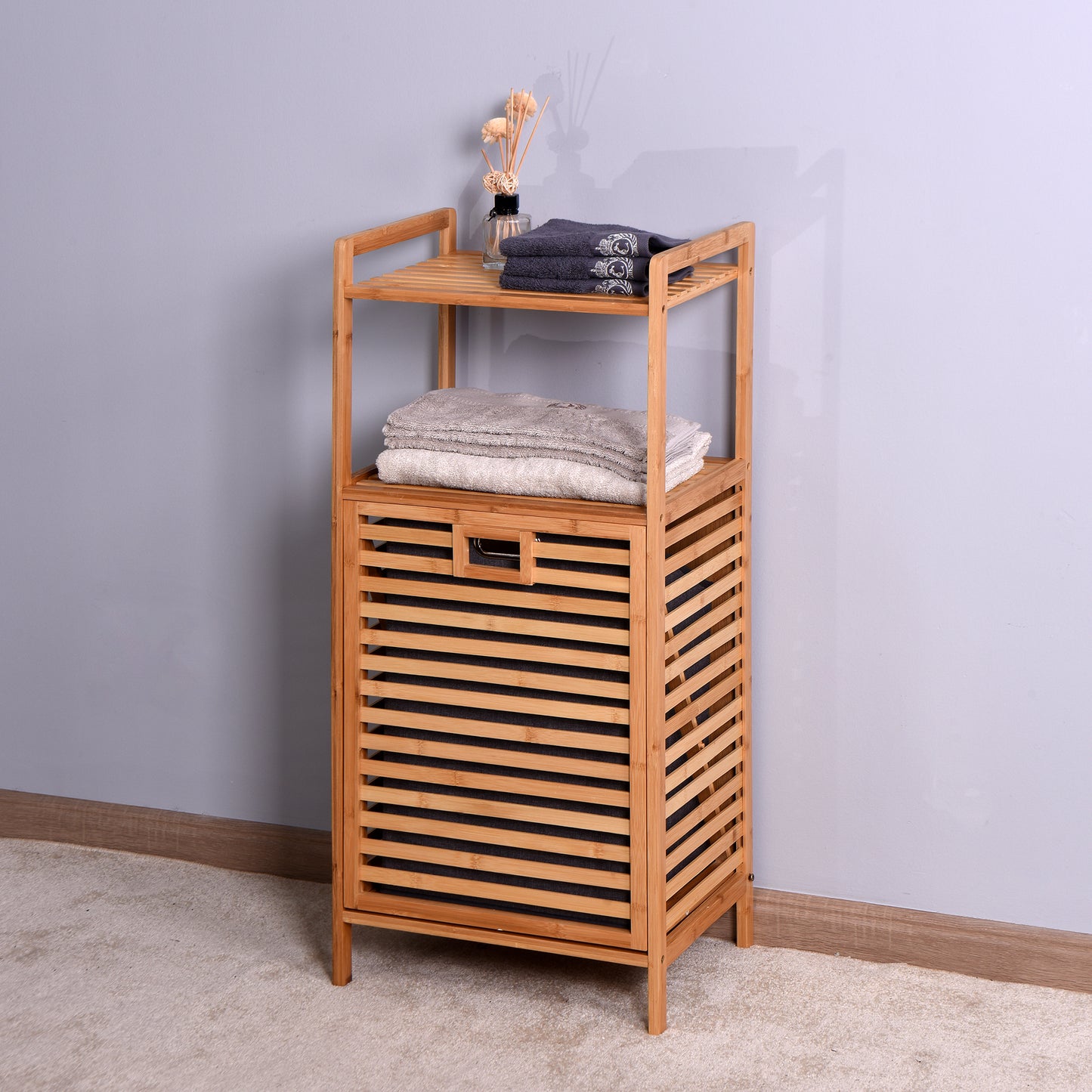 Natural Wooden Organizer  Bamboo Laundry Storage Basket with 2 Tier Shelf_19