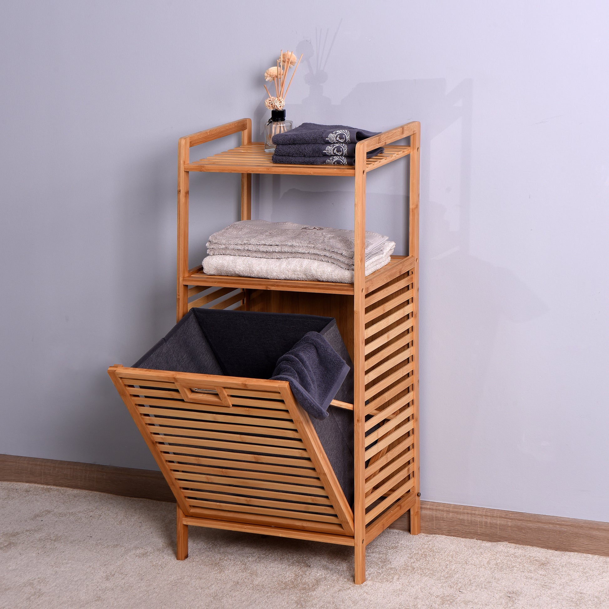 Natural Wooden Organizer  Bamboo Laundry Storage Basket with 2 Tier Shelf_1
