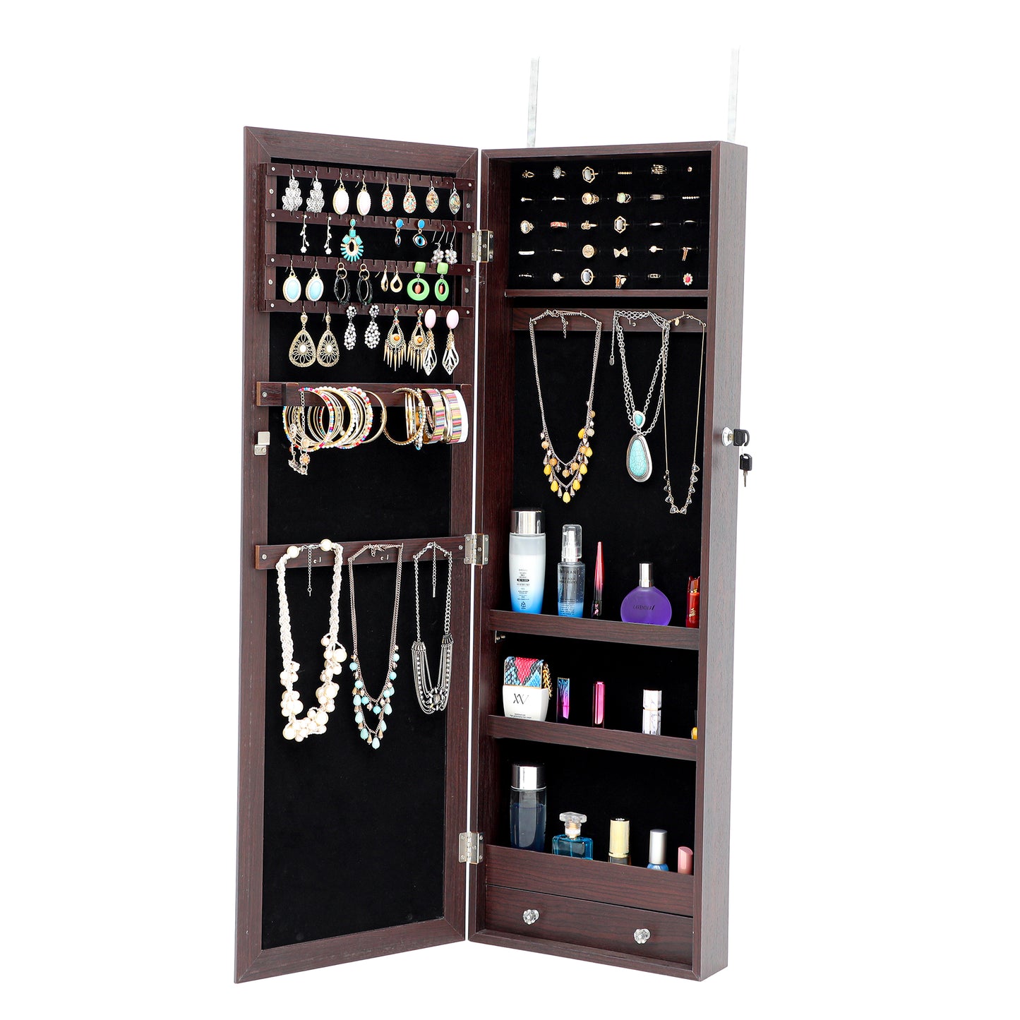 Full Body Mirror and Jewelry Case Storage Cabinet Door and Wall Hanging- Brown_3