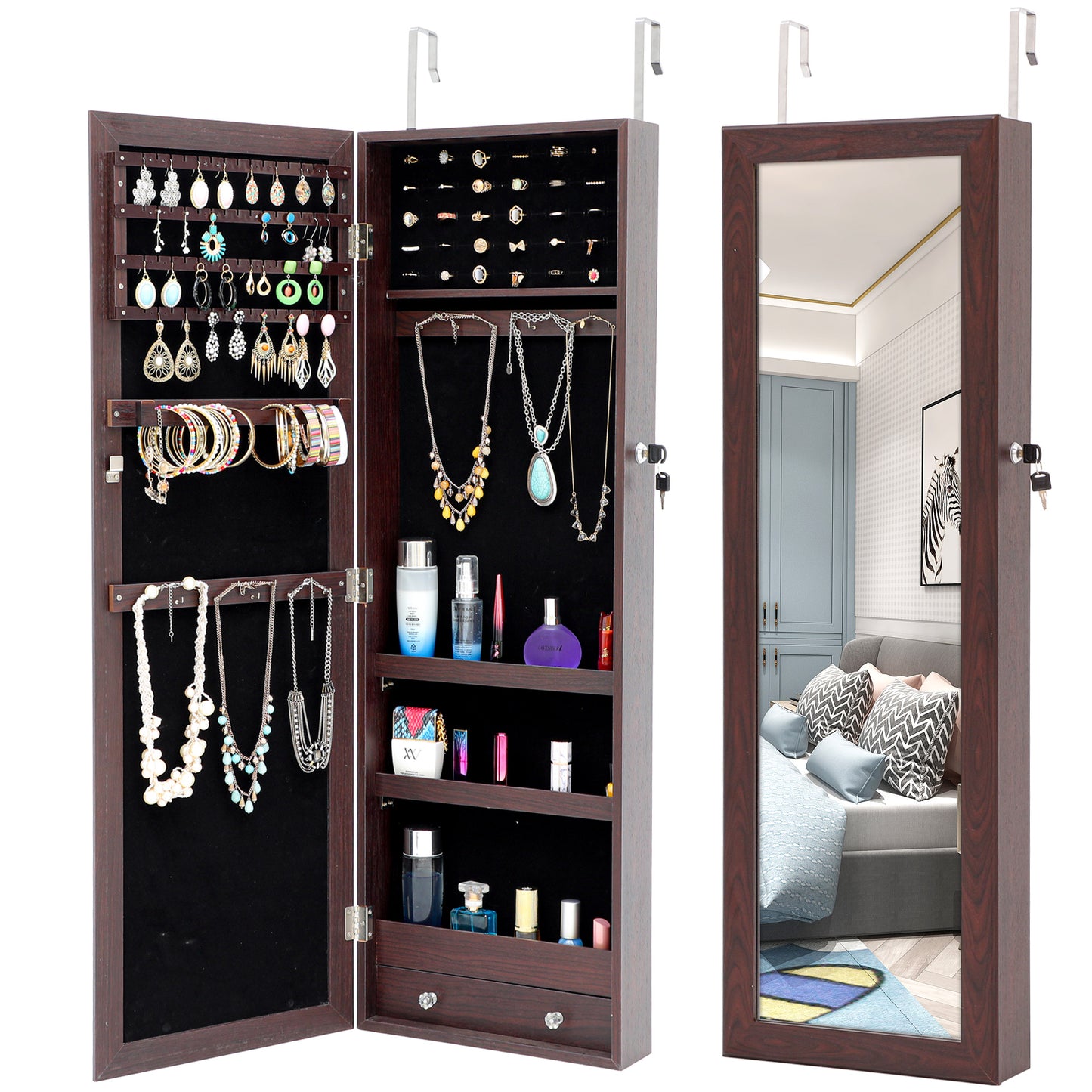 Full Body Mirror and Jewelry Case Storage Cabinet Door and Wall Hanging- Brown_2