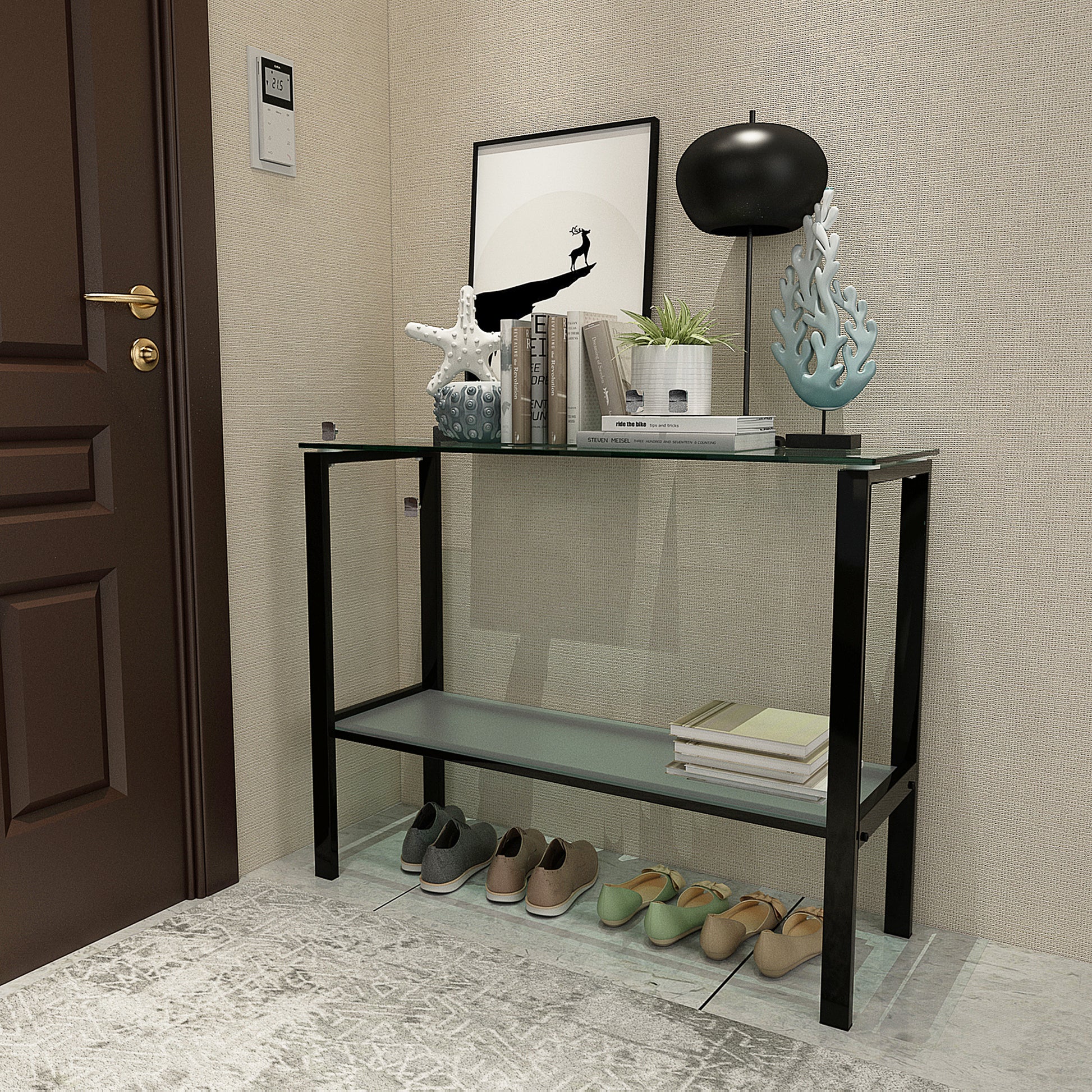 Double Layered Tempered Glass Rectangular Console Center Table- Black_3