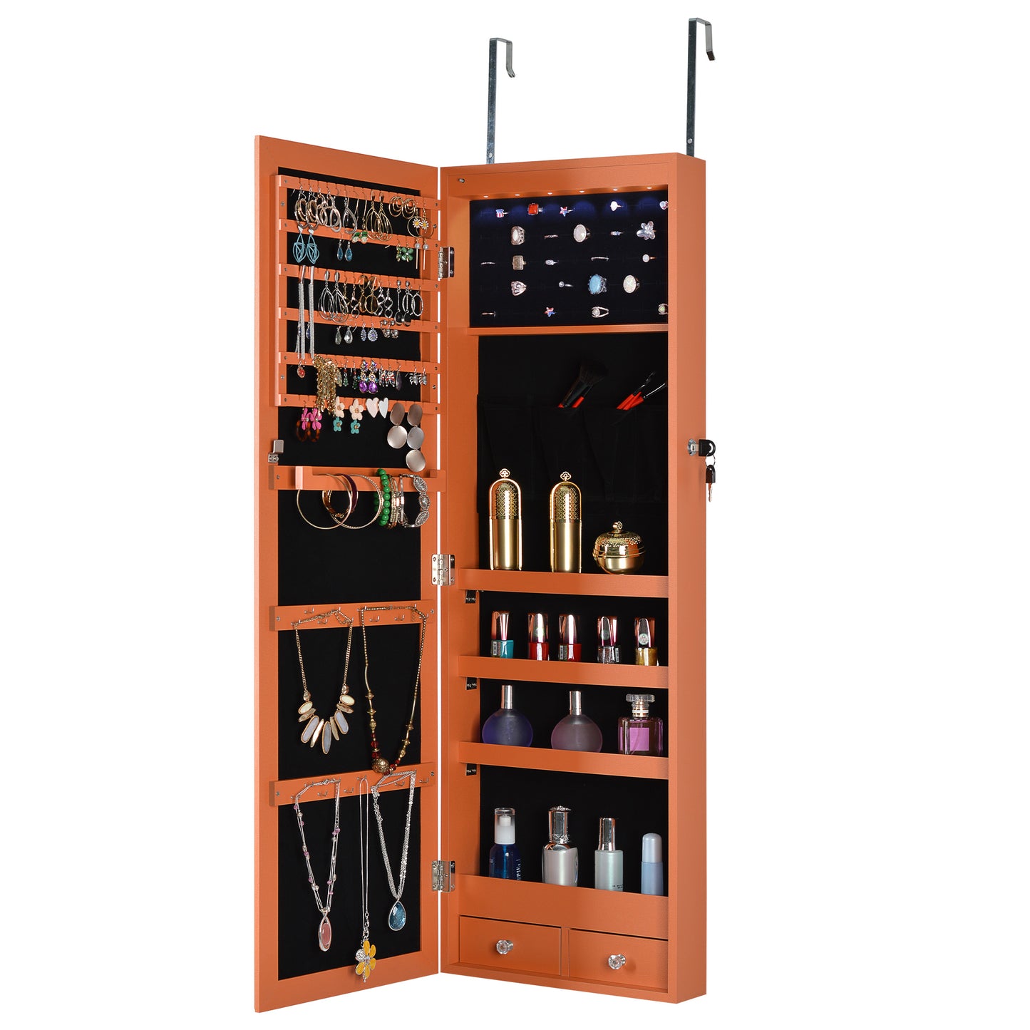 Wall Hanging Simple Jewelry Storage Mirror Cabinet With LED Lights- Orange_5