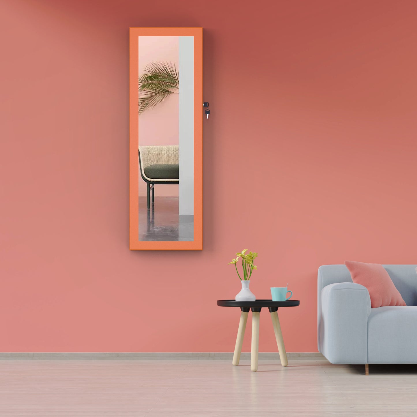 Wall Hanging Simple Jewelry Storage Mirror Cabinet With LED Lights- Orange_6