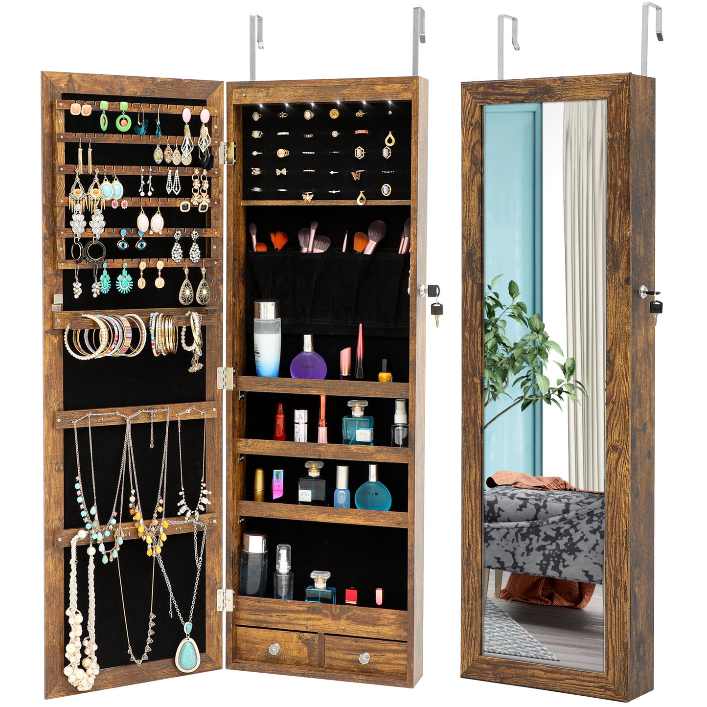 Wall Hanging Simple Jewelry Storage Mirror Cabinet With LED Lights- Antique Gray_1