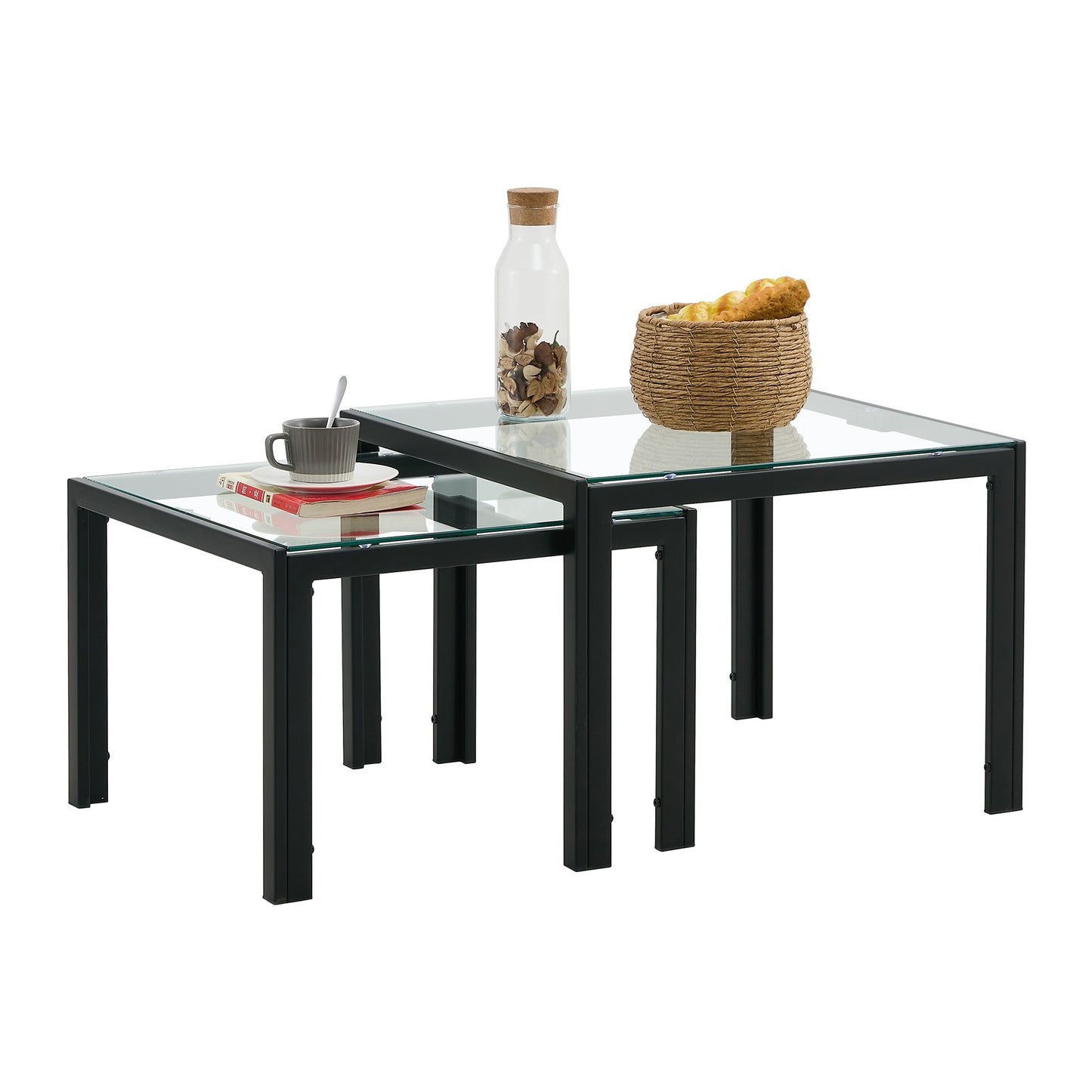 Set of 2 Tempered Glass Modern Design Nesting Coffee Table Set- Transparent_3