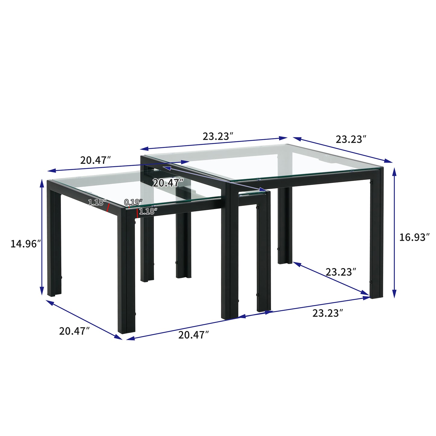 Set of 2 Tempered Glass Modern Design Nesting Coffee Table Set- Transparent_5