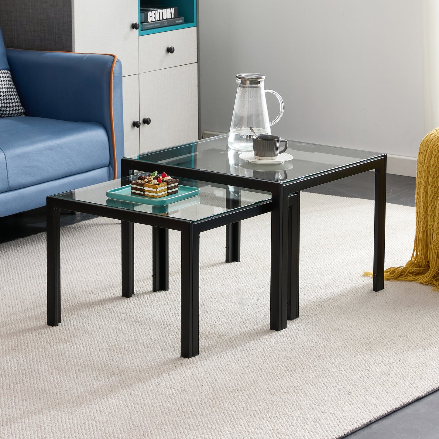 Set of 2 Tempered Glass Modern Design Nesting Coffee Table Set- Transparent_1