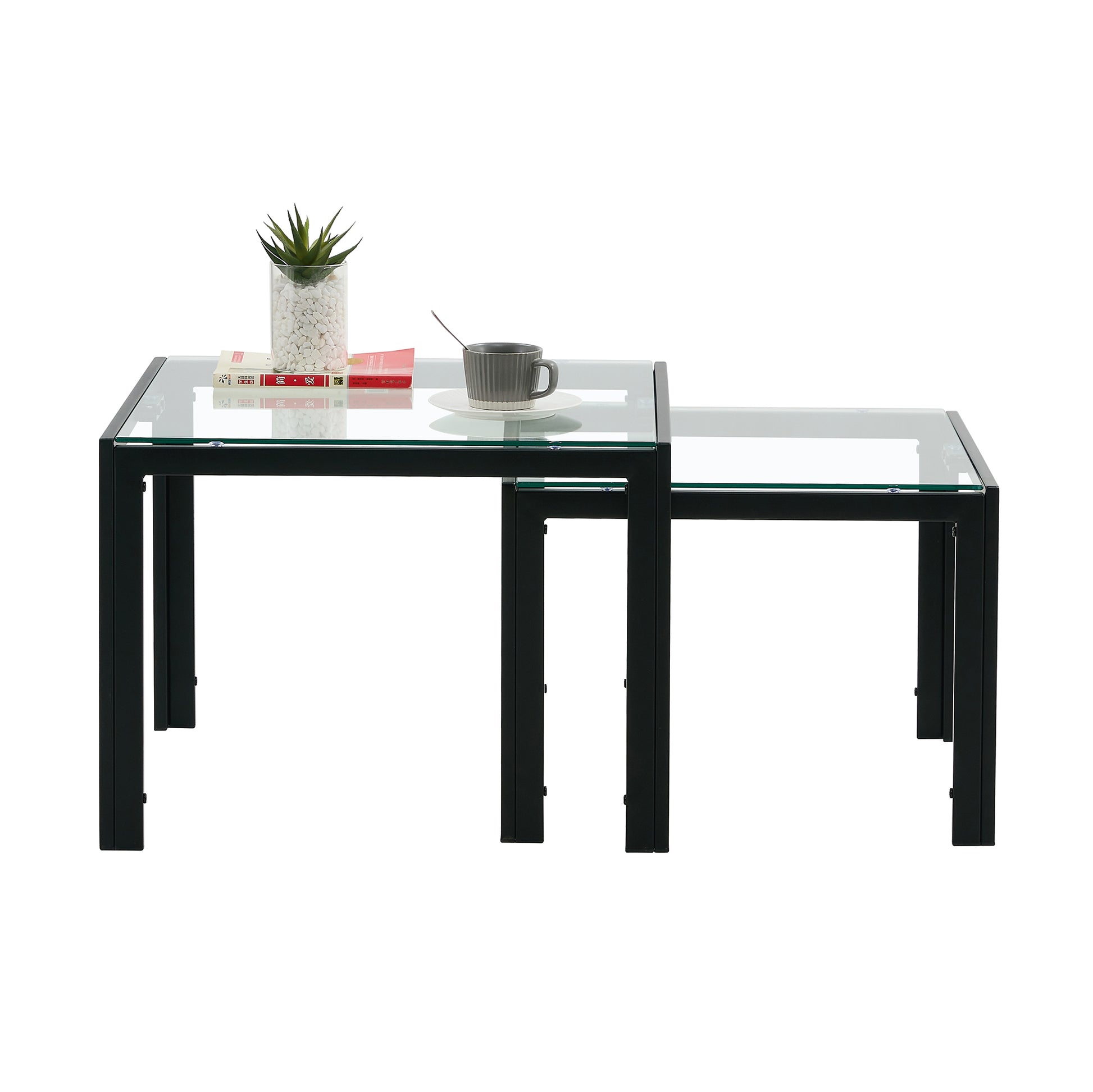 Set of 2 Tempered Glass Modern Design Nesting Coffee Table Set- Transparent_4