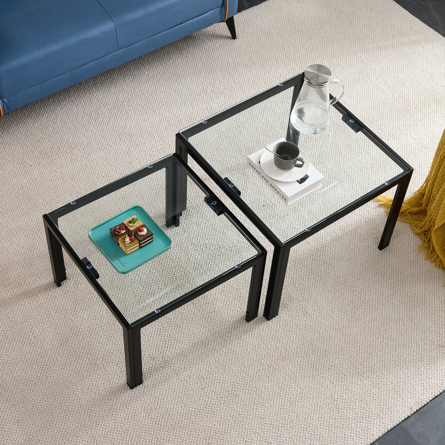 Set of 2 Tempered Glass Modern Design Nesting Coffee Table Set- Transparent_2