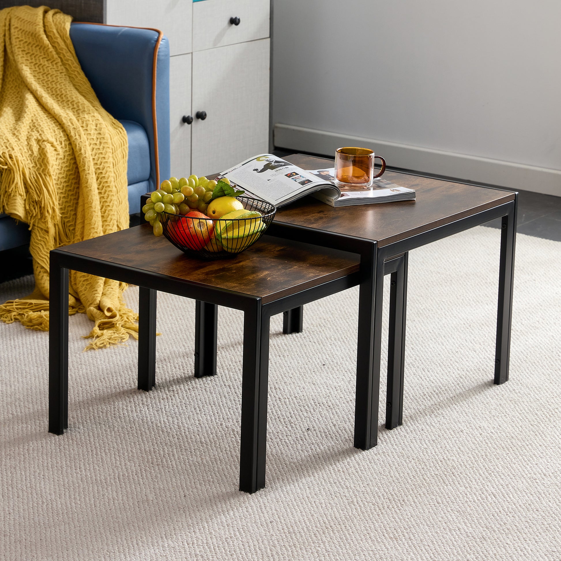 Set of 2 Modern Design Nesting Coffee Table Set with Wooden Finish- Rustic Brown_2