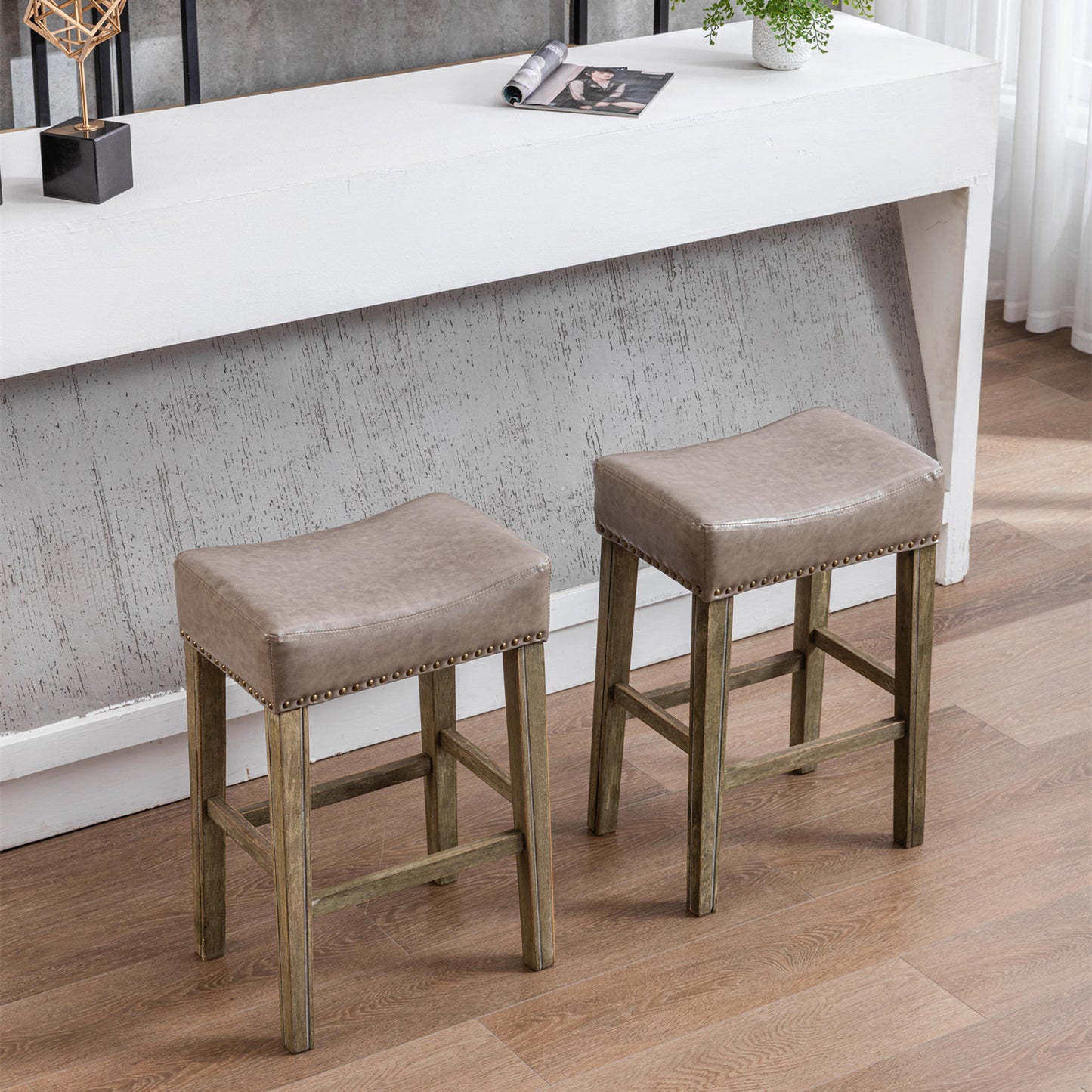 2 pcs Backless Faux Leather Kitchen Counter Soft Sitting Stool Island Chair- Gray_2