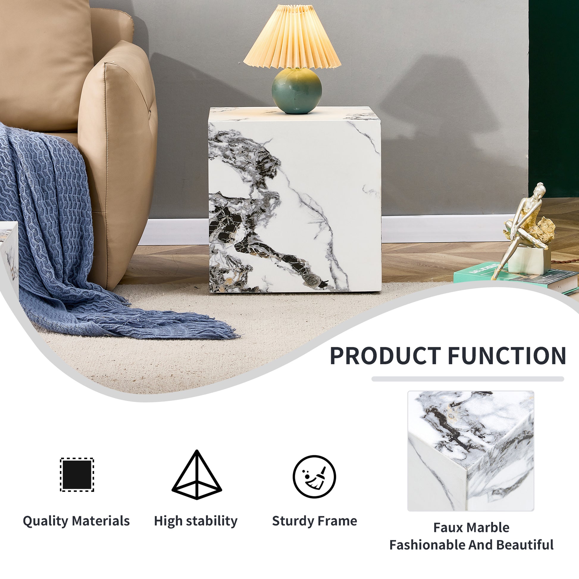 Modern Designed Faux Marble Style Coffee Table Cube Wooden Nightstand_4