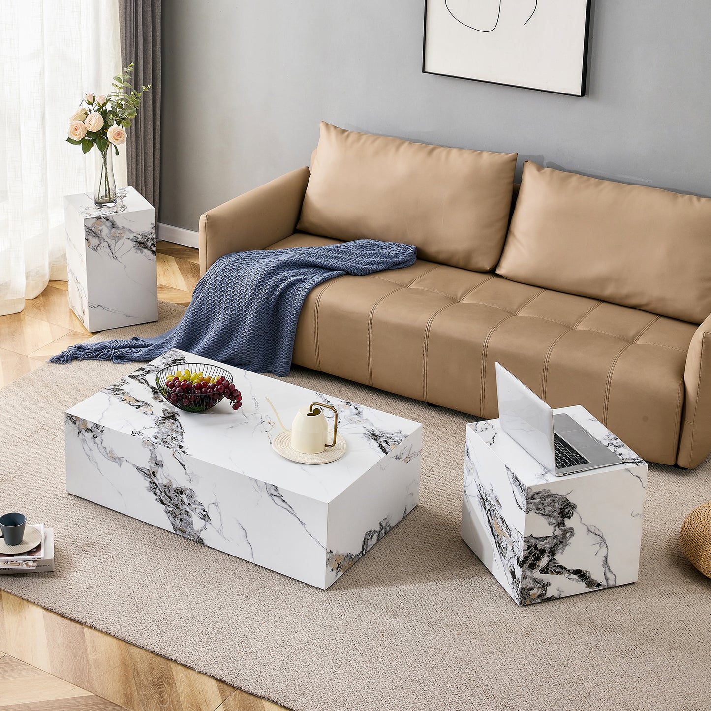 Modern Designed Faux Marble Style Coffee Table Cube Wooden Nightstand_5
