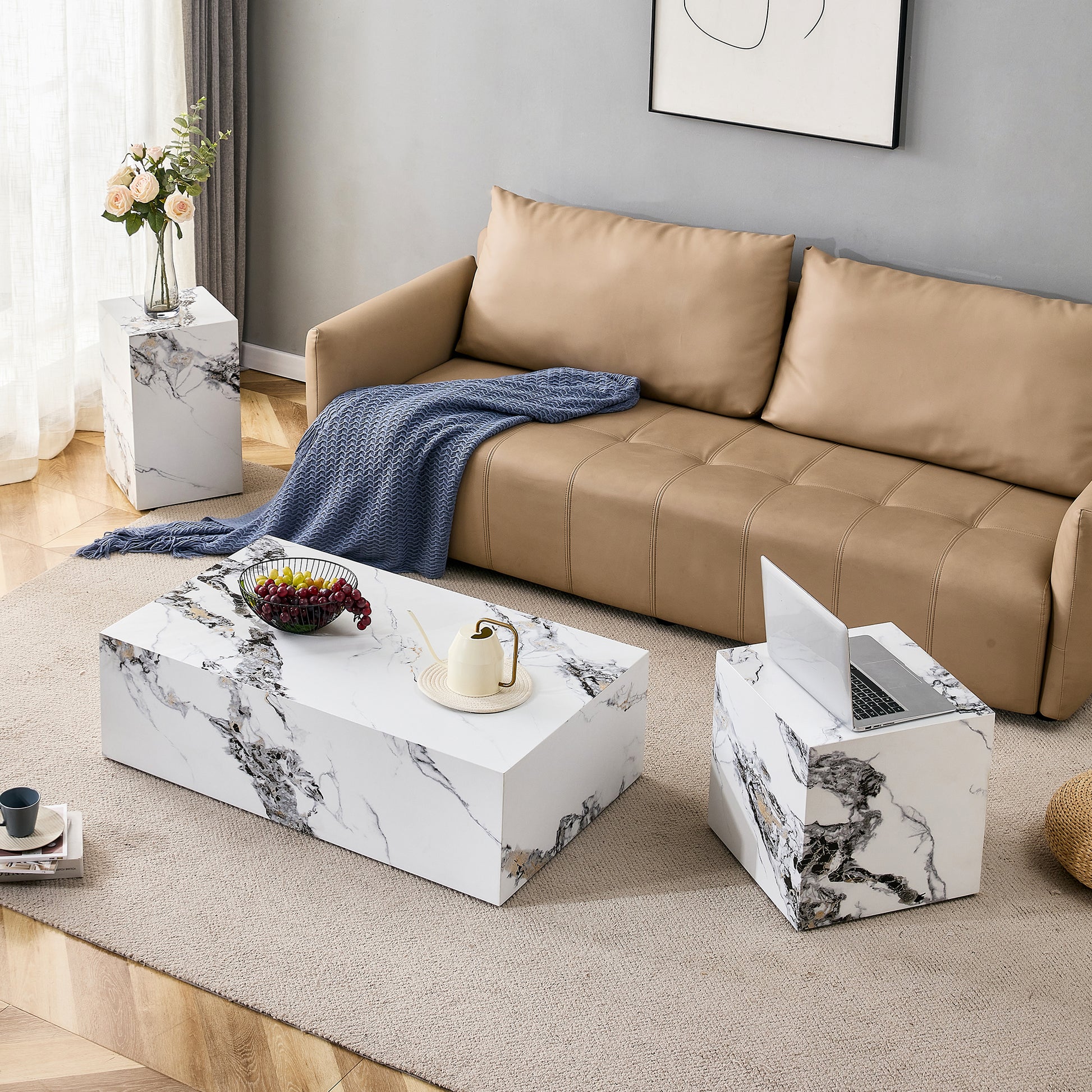 Modern Designed Faux Marble Style Coffee Table Cube Wooden Nightstand_5
