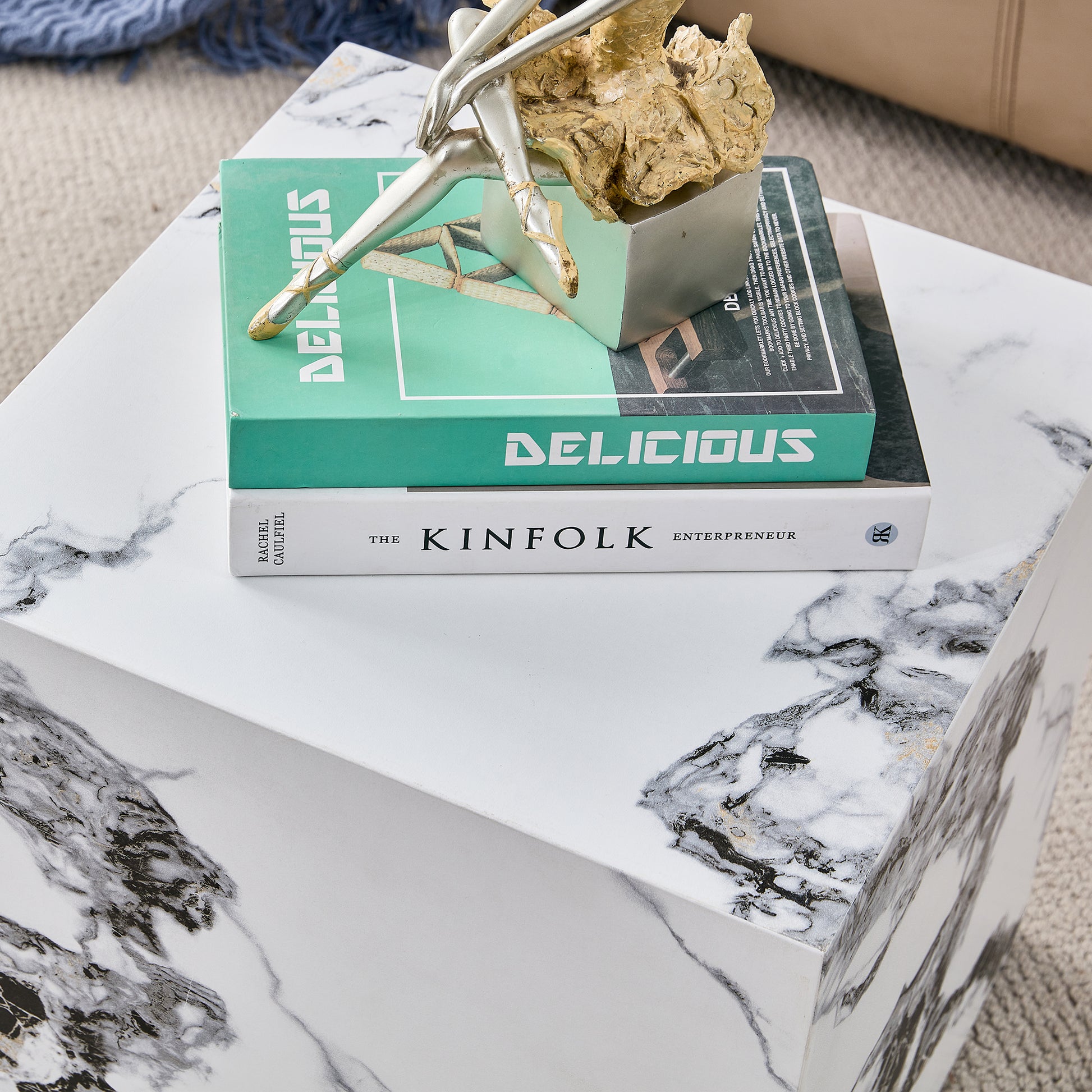 Modern Designed Faux Marble Style Coffee Table Cube Wooden Nightstand_7