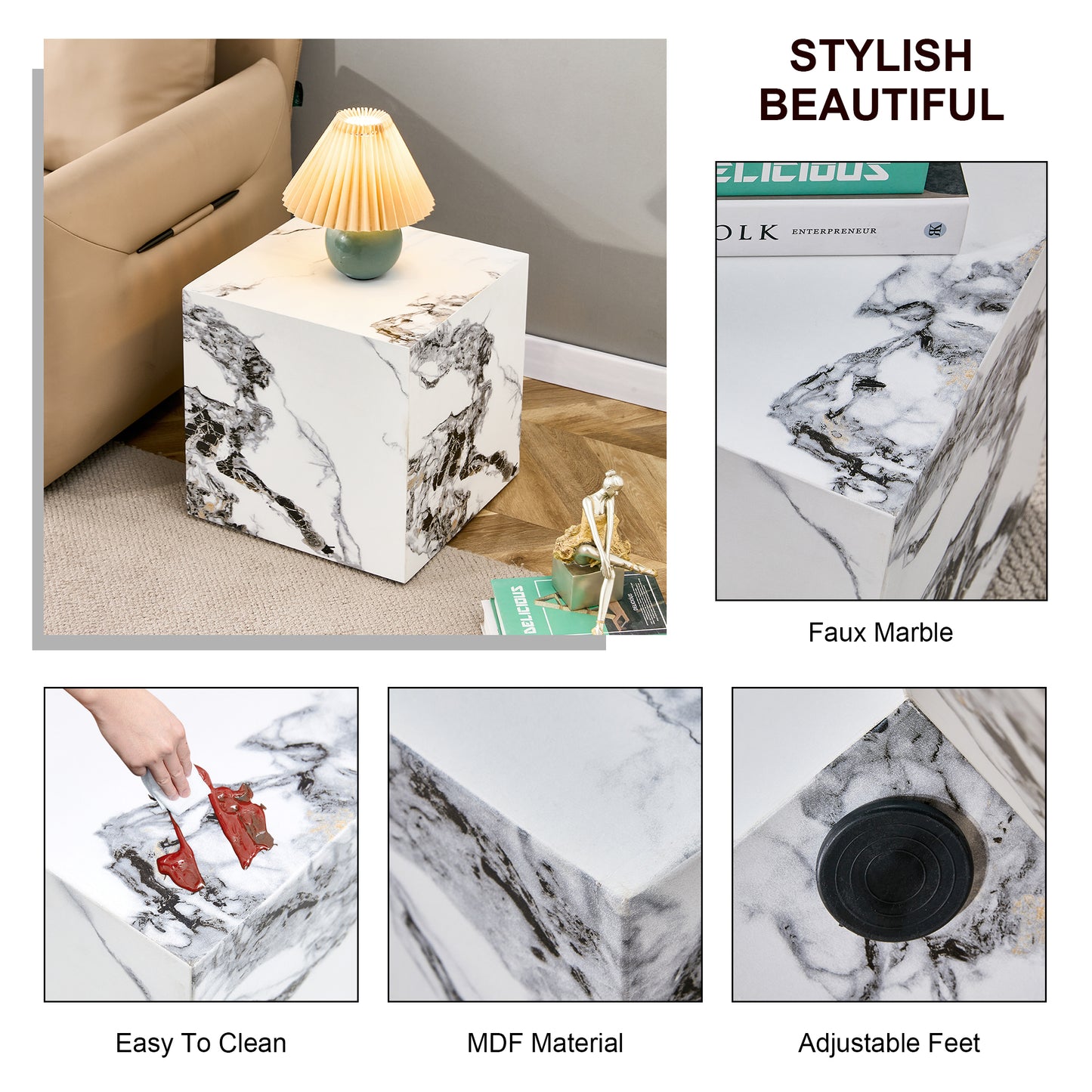 Modern Designed Faux Marble Style Coffee Table Cube Wooden Nightstand_6