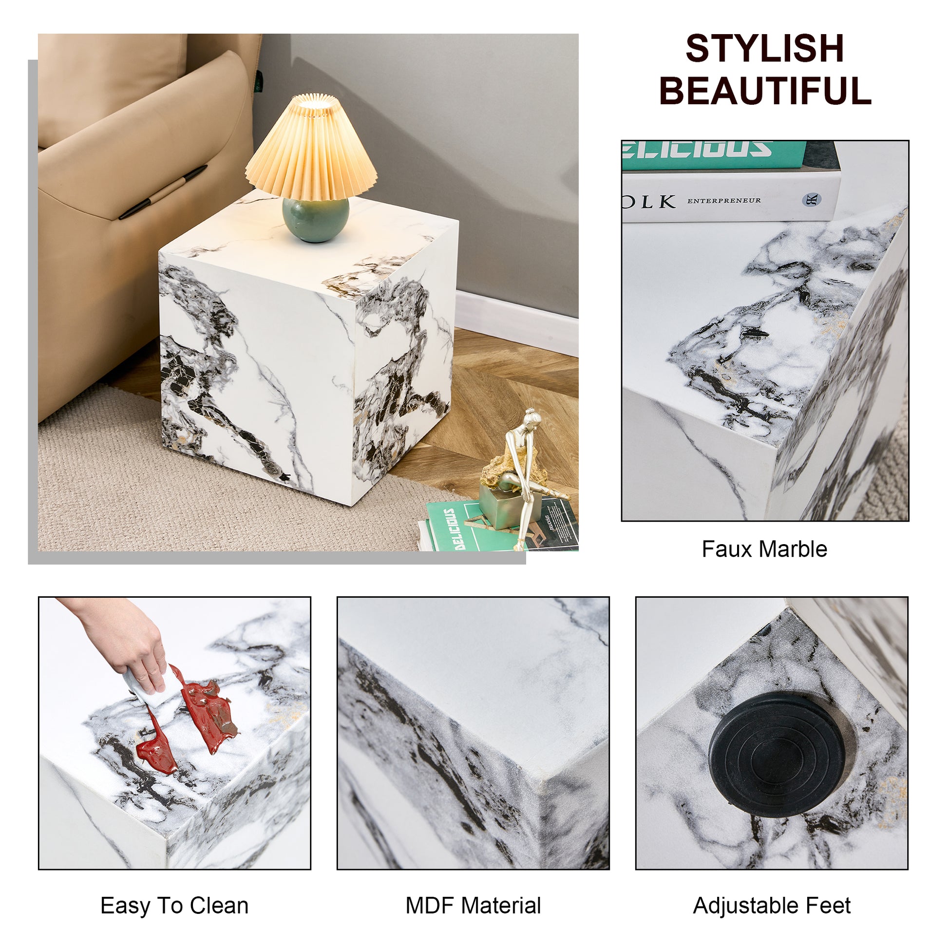 Modern Designed Faux Marble Style Coffee Table Cube Wooden Nightstand_6