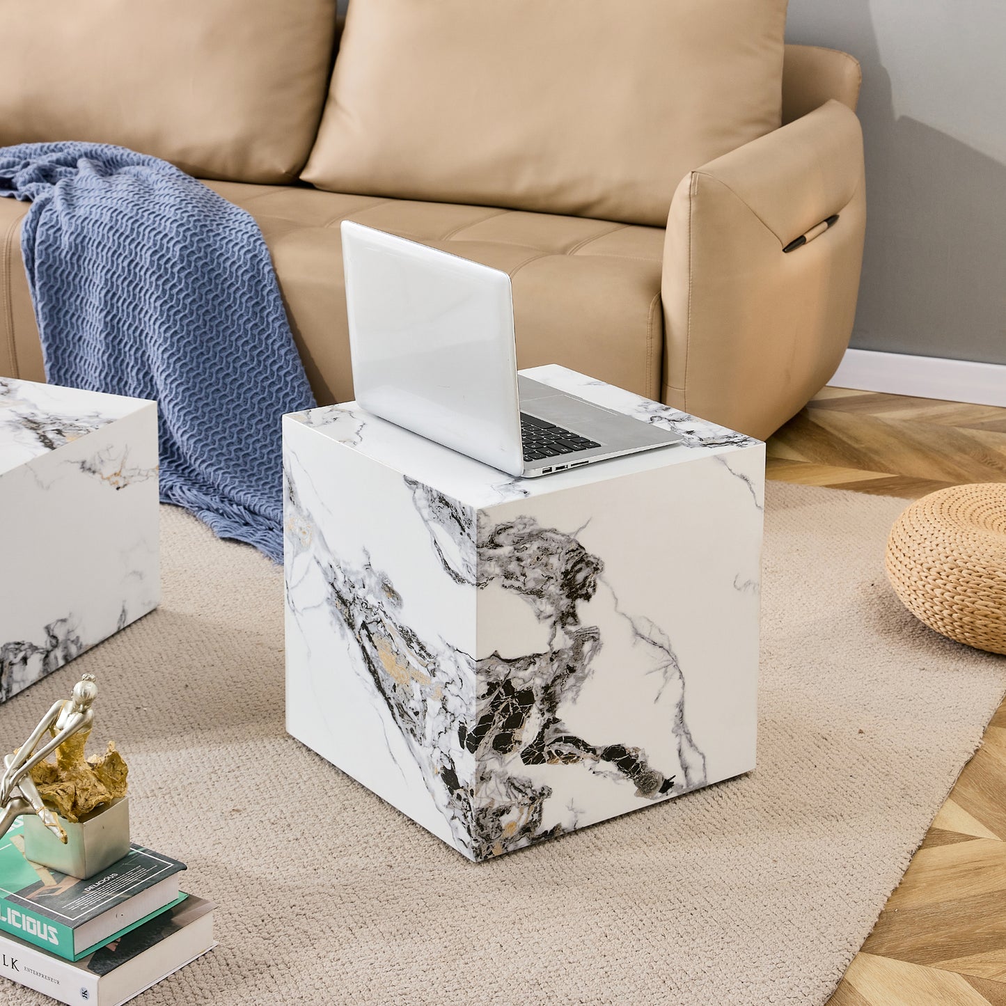 Modern Designed Faux Marble Style Coffee Table Cube Wooden Nightstand_3