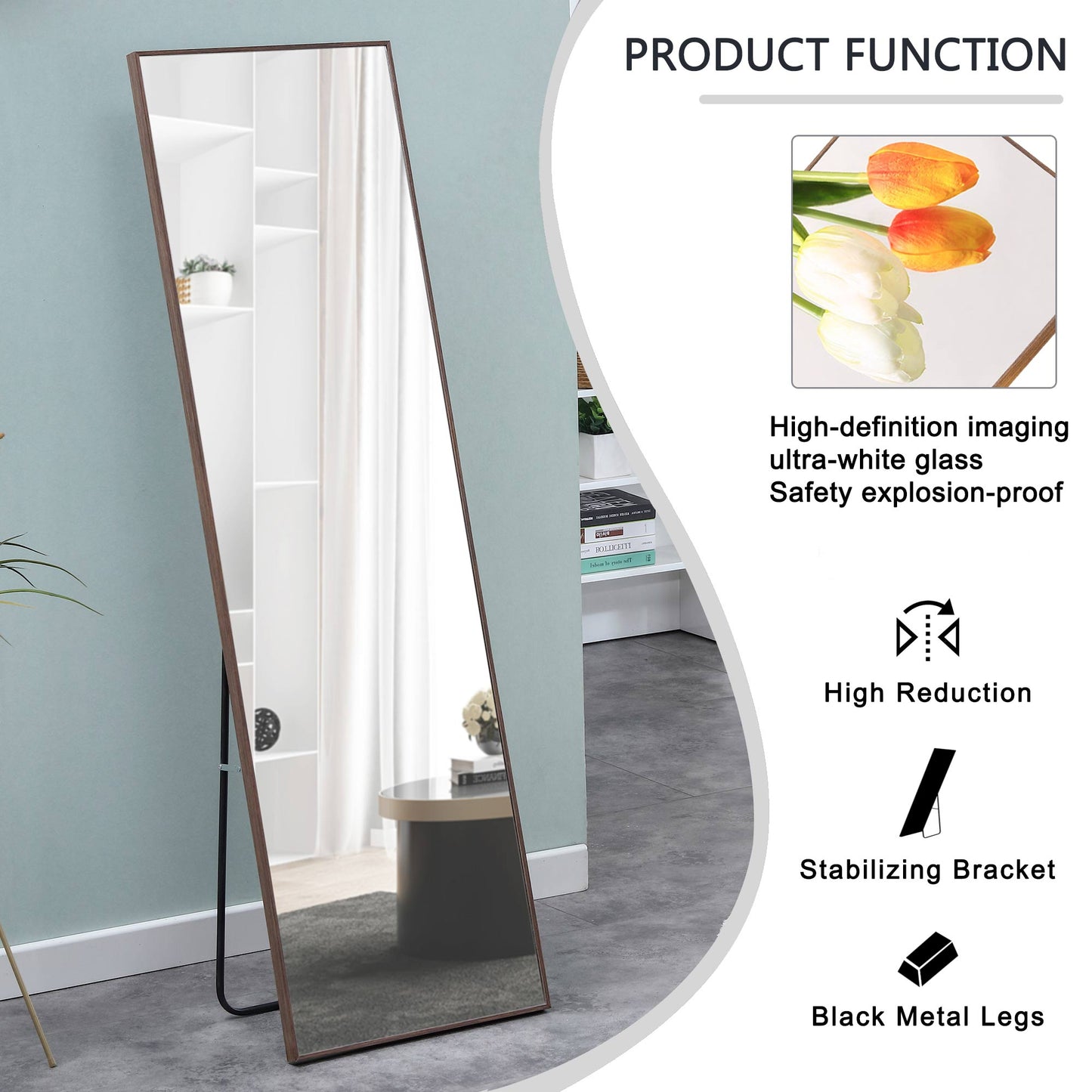 Wall Mounted Solid Wood Frame Full Length Dressing Mirror with Stand- Brown_6