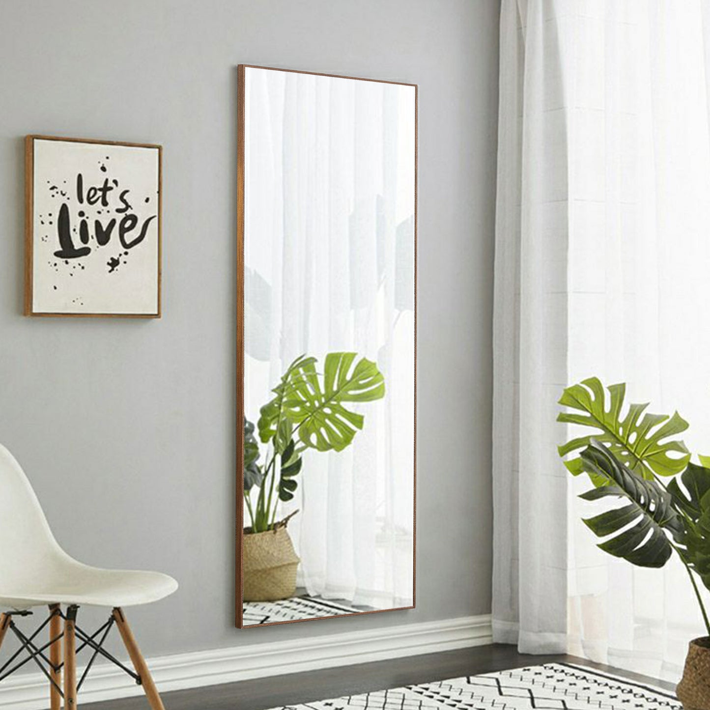 Wall Mounted Solid Wood Frame Full Length Dressing Mirror with Stand- Brown_4