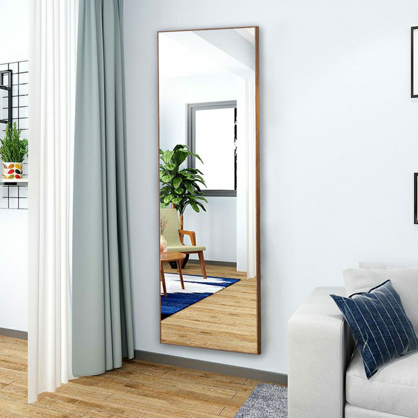 Wall Mounted Solid Wood Frame Full Length Dressing Mirror with Stand- Brown_7