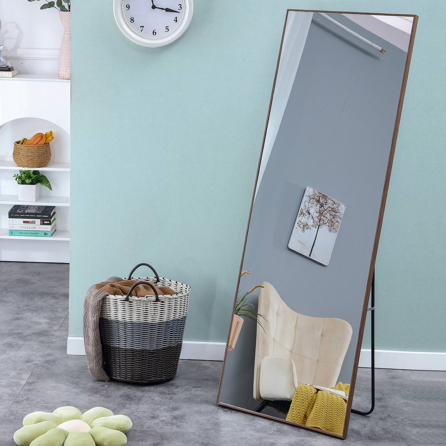 Wall Mounted Solid Wood Frame Full Length Dressing Mirror with Stand- Brown_9