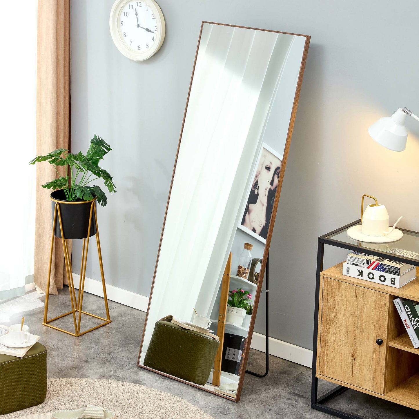 Wall Mounted Solid Wood Frame Full Length Dressing Mirror with Stand- Brown_3