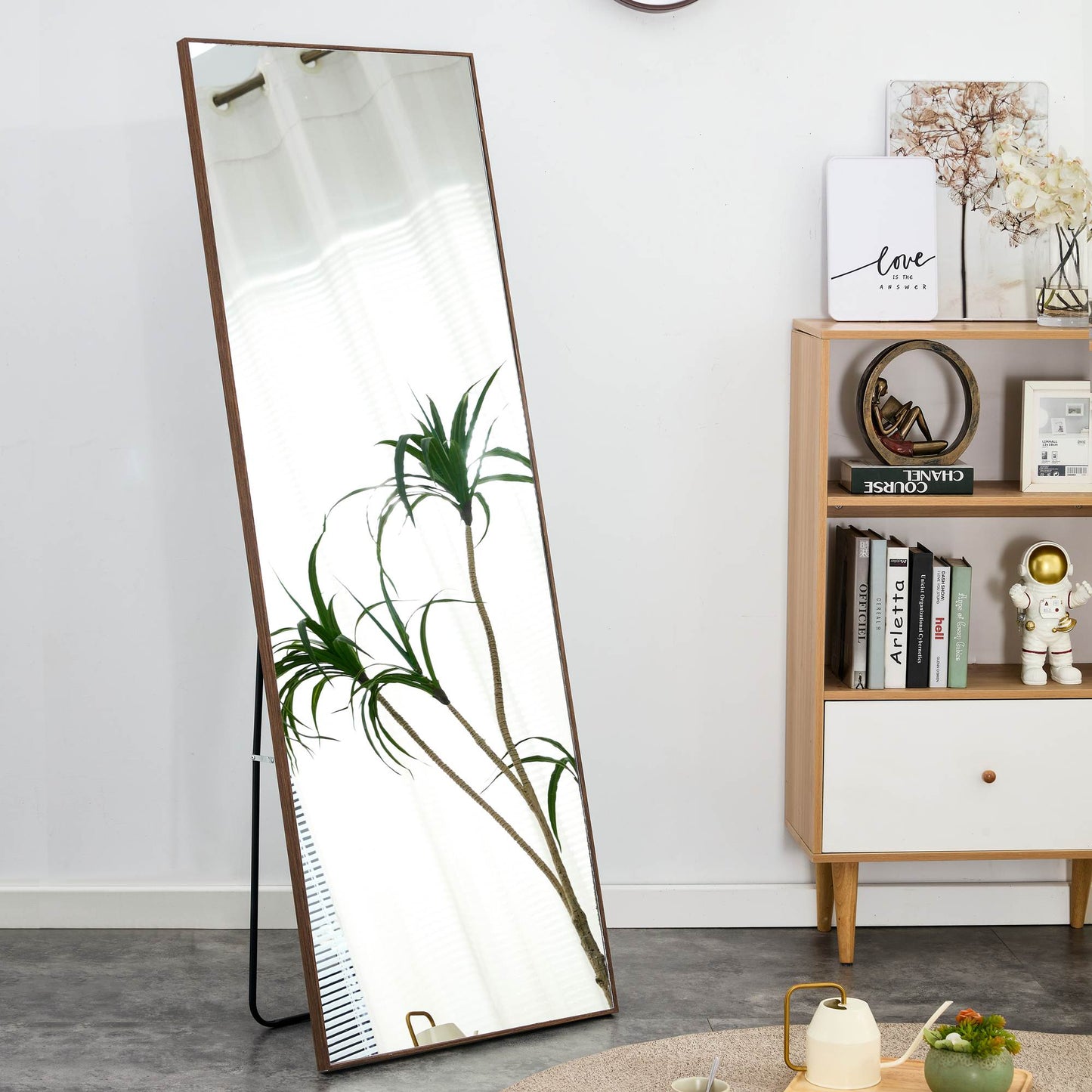 Wall Mounted Solid Wood Frame Full Length Dressing Mirror with Stand- Brown_2