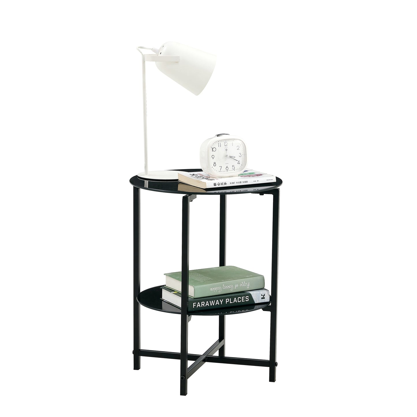 2 pcs Modern Designed Tempered Glass Round Coffee and End Table- Black_9