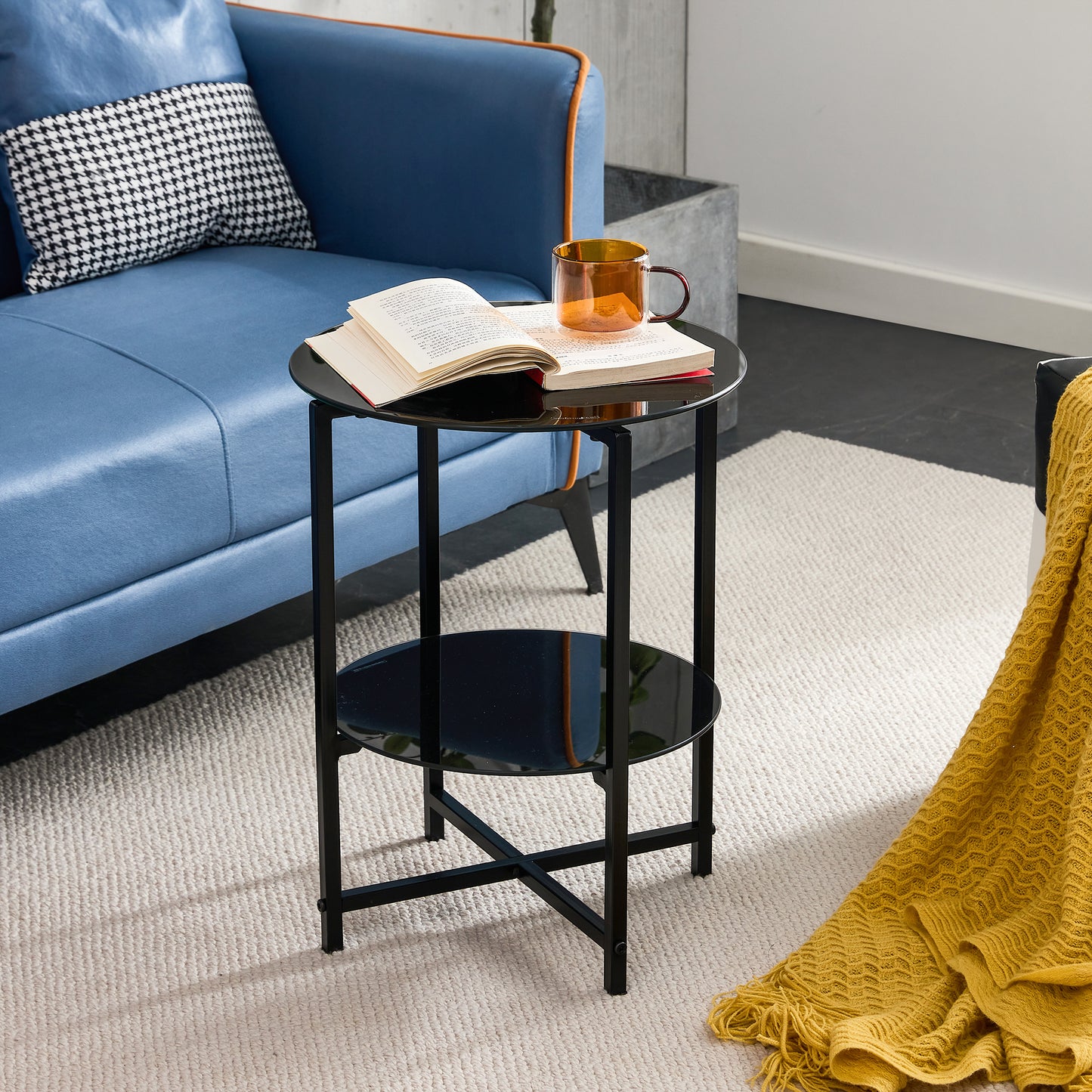 2 pcs Modern Designed Tempered Glass Round Coffee and End Table- Black_3