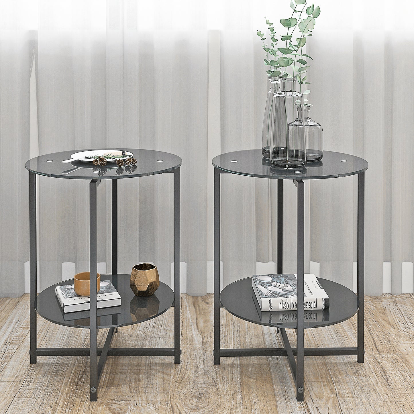2 pcs Modern Designed Tempered Glass Round Coffee and End Table- Black_2
