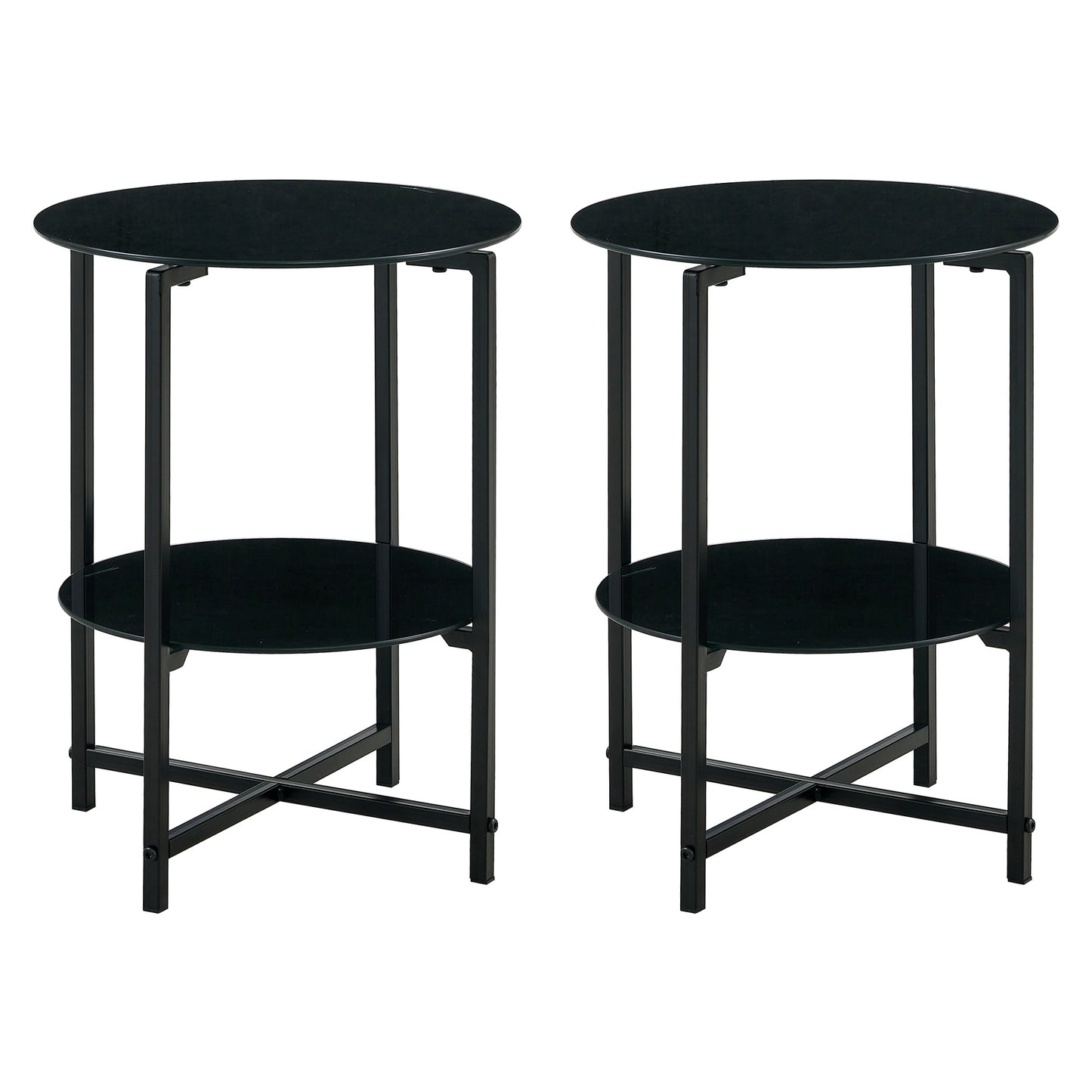 2 pcs Modern Designed Tempered Glass Round Coffee and End Table- Black_6