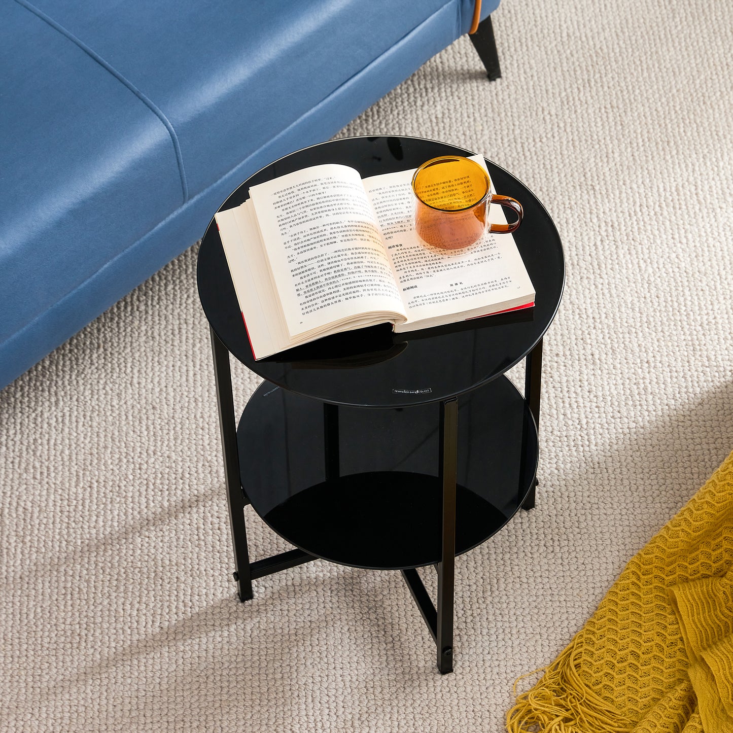 2 pcs Modern Designed Tempered Glass Round Coffee and End Table- Black_4