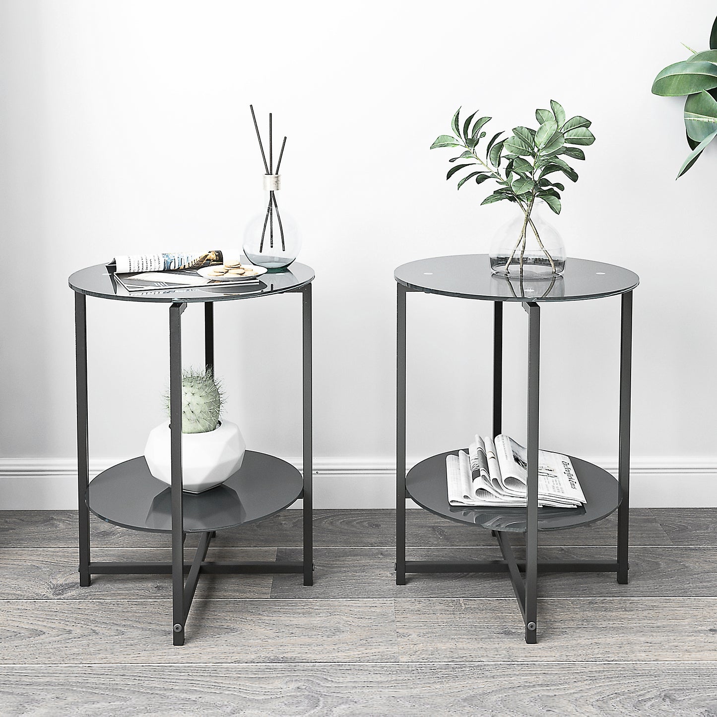 2 pcs Modern Designed Tempered Glass Round Coffee and End Table- Black_1