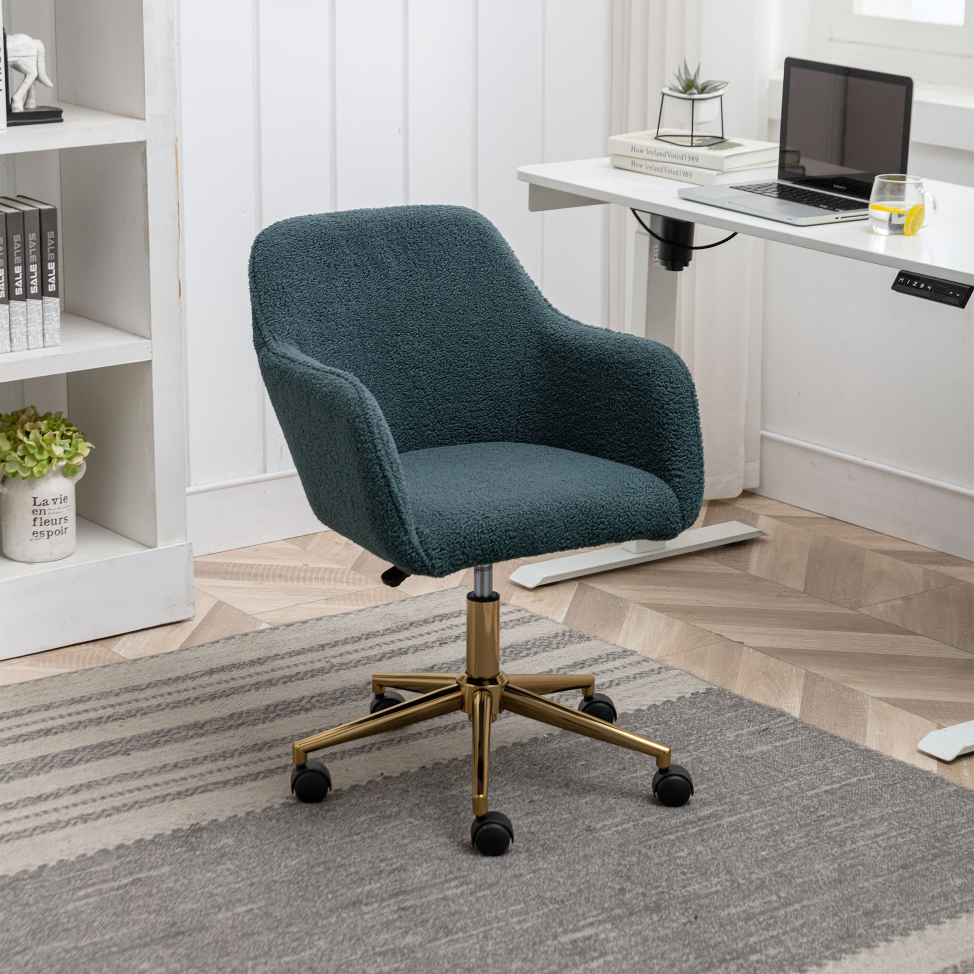 360° Revolving Modern Design Velvet Home and Office Chair with Metal Legs- Green_1