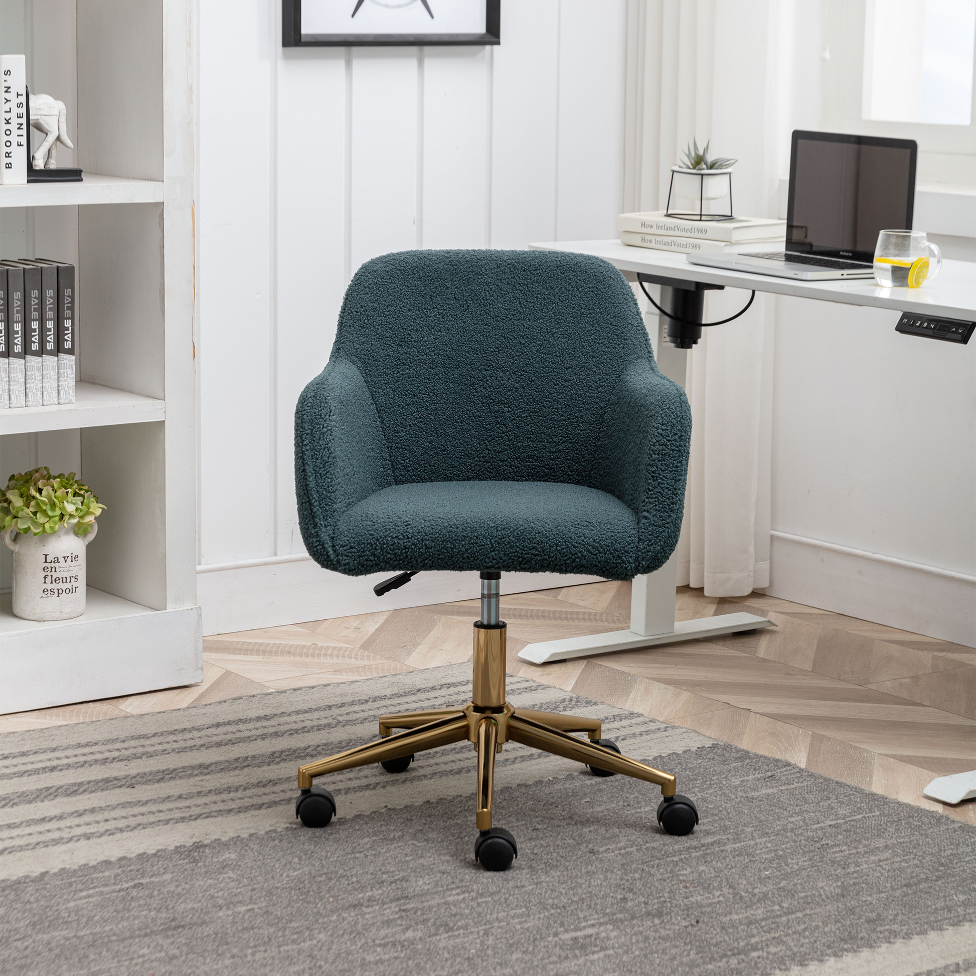 360° Revolving Modern Design Velvet Home and Office Chair with Metal Legs- Green_2