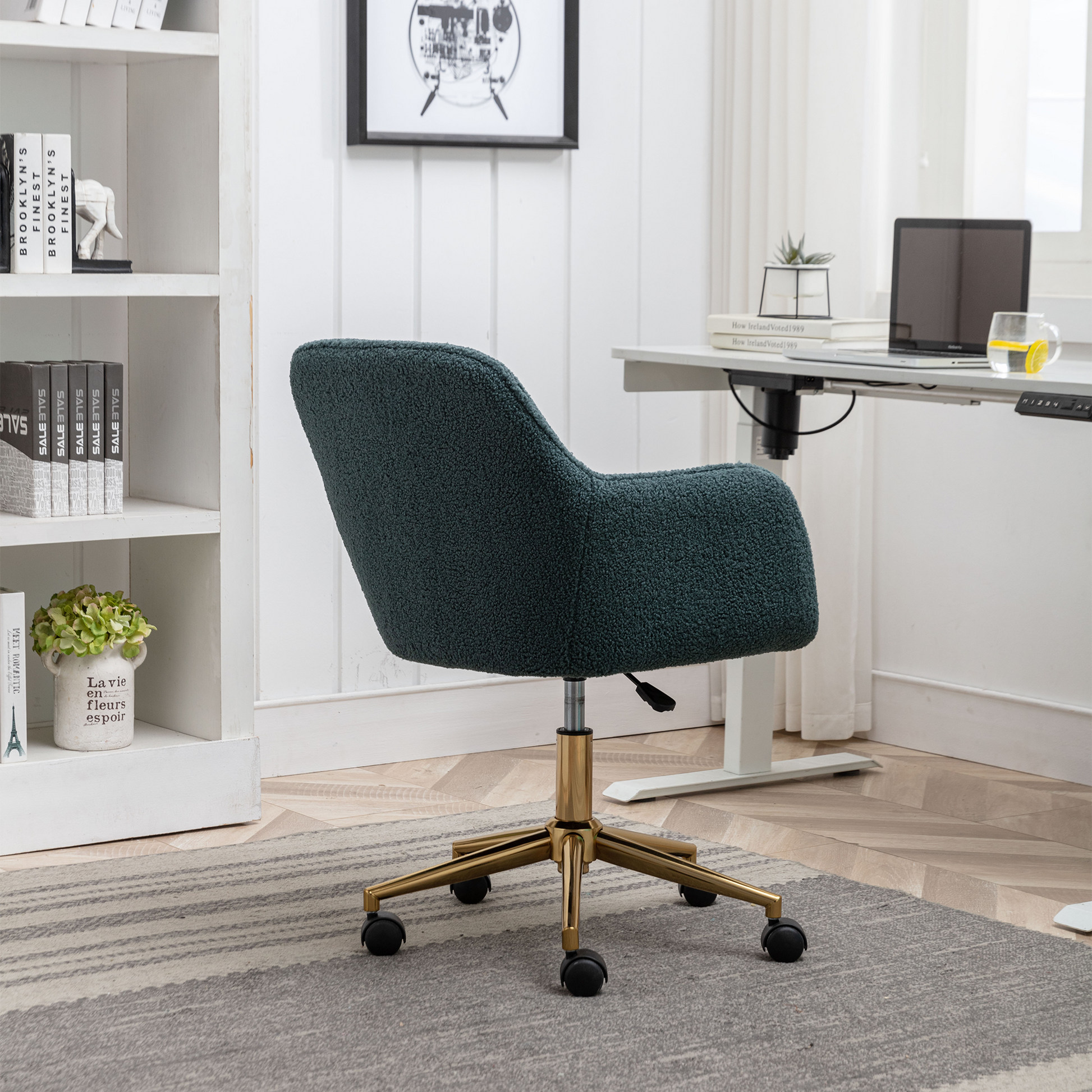 360° Revolving Modern Design Velvet Home and Office Chair with Metal Legs- Green_4
